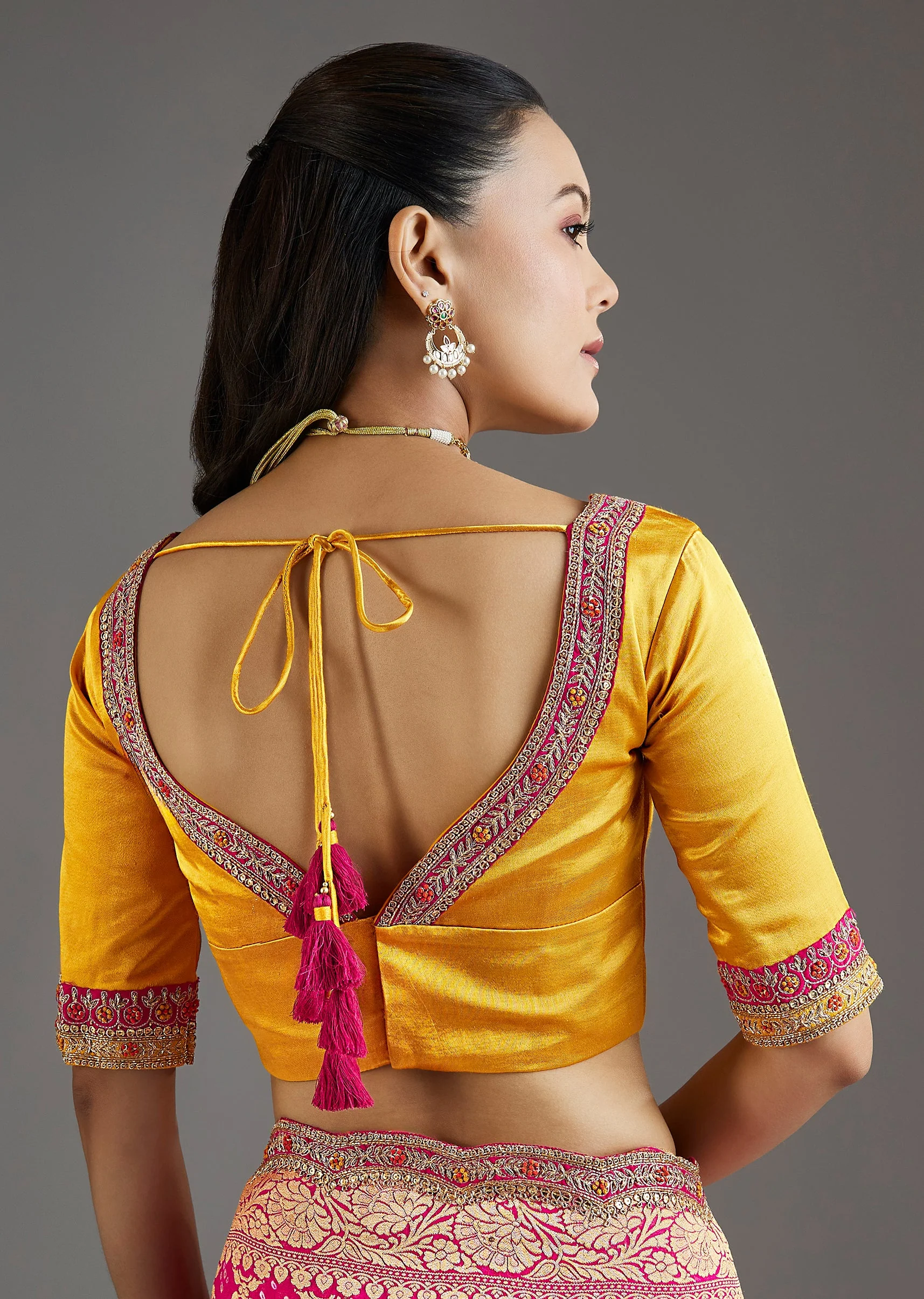 Rani Pink Khadi Georgette Saree With Satin Blouse - Image 8