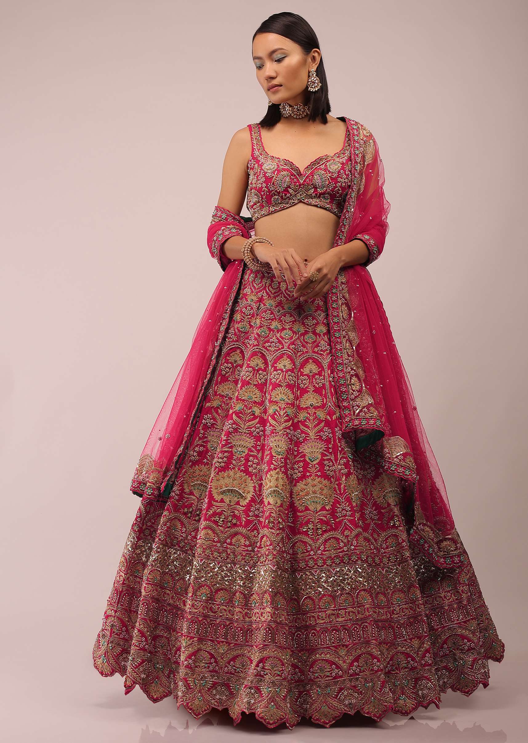 Rani Pink Lehenga In Golden Zari Work Embroidery Inspired By Mughal Architecture With Matching Net Dupatta In Embroidered Buttis - Image 3