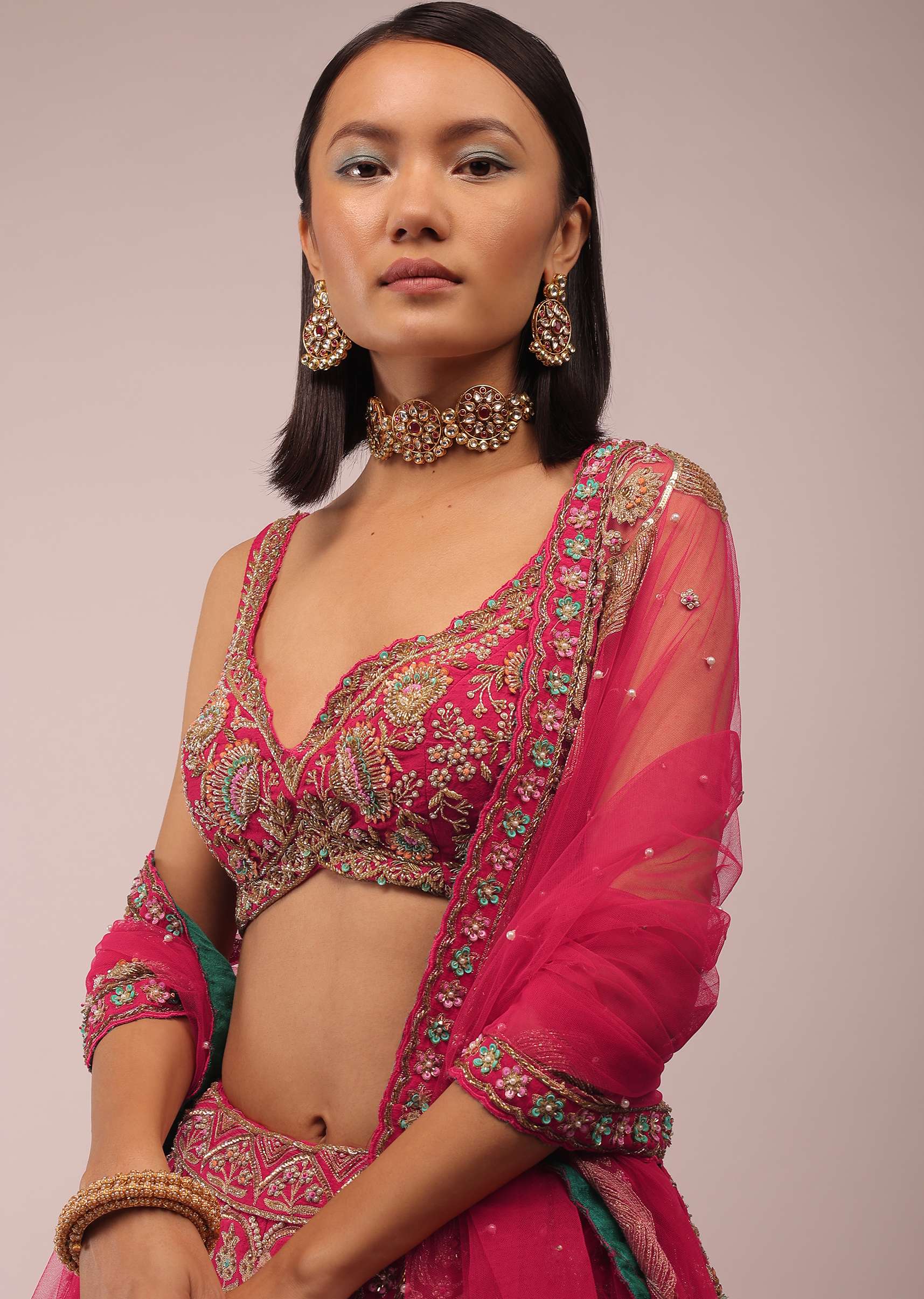 Rani Pink Lehenga In Golden Zari Work Embroidery Inspired By Mughal Architecture With Matching Net Dupatta In Embroidered Buttis - Image 5