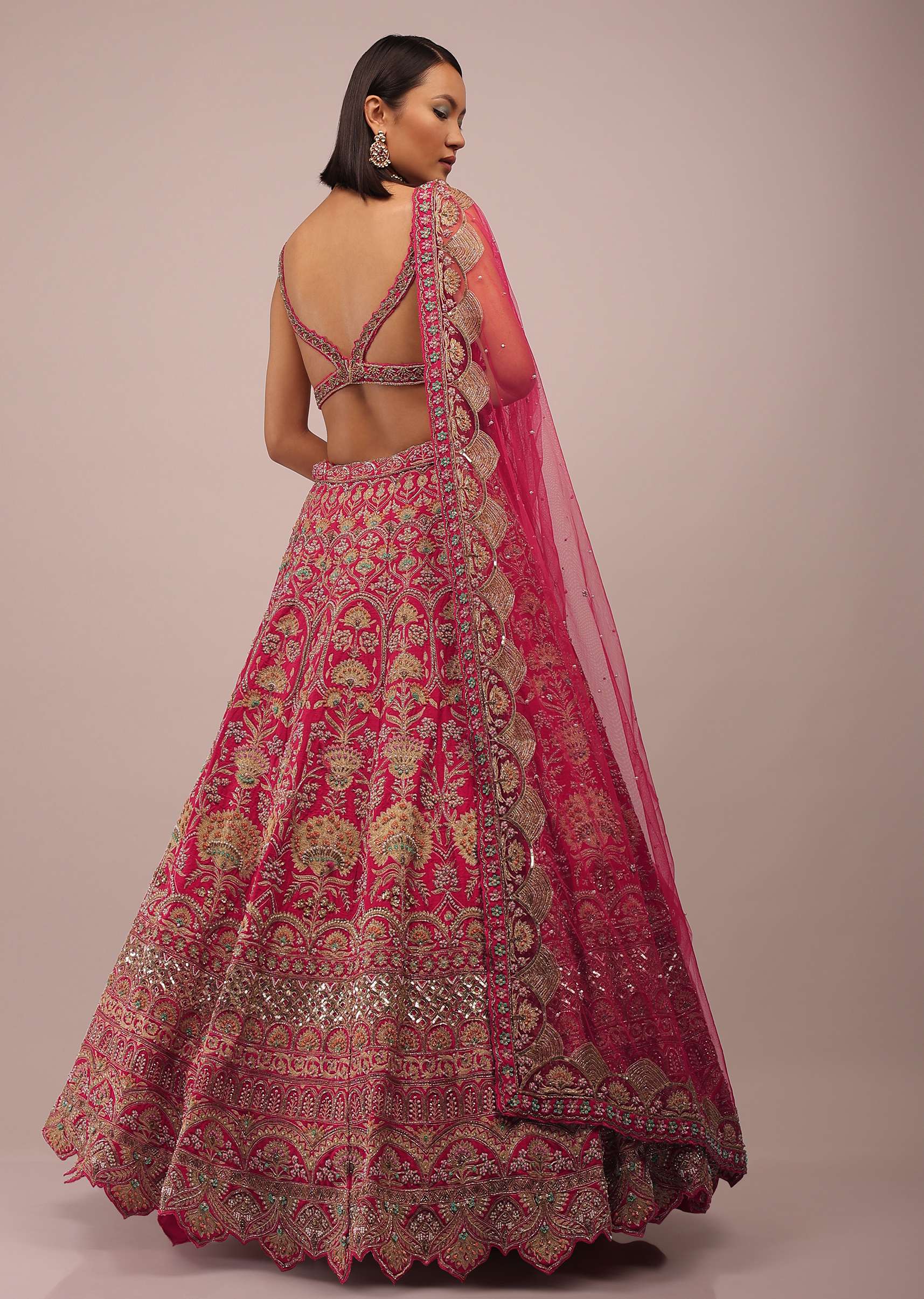 Rani Pink Lehenga In Golden Zari Work Embroidery Inspired By Mughal Architecture With Matching Net Dupatta In Embroidered Buttis - Image 6