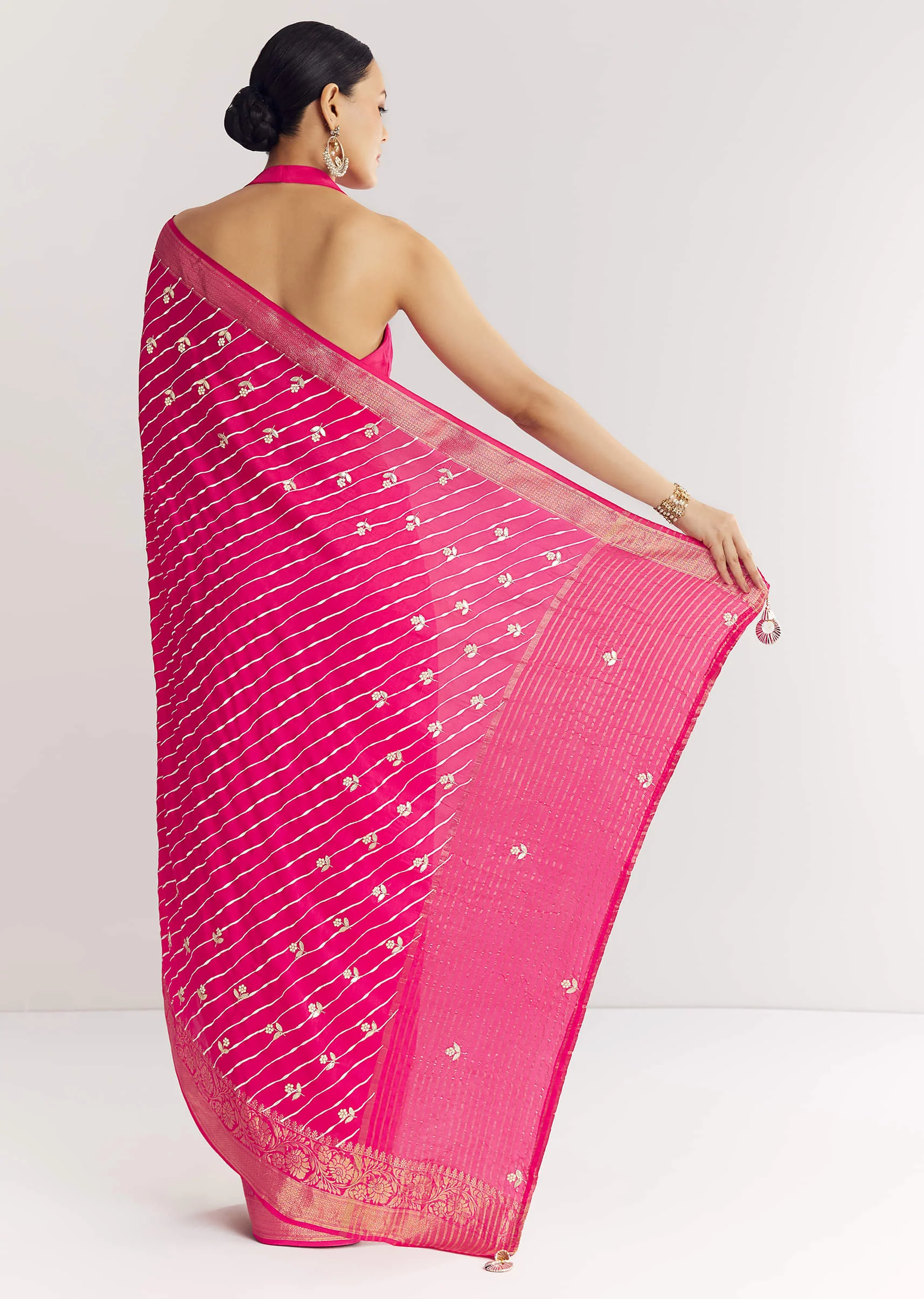 Rani Pink Leheriya Print With Floral Gotapatti And Moti Embroidery. - Image 4