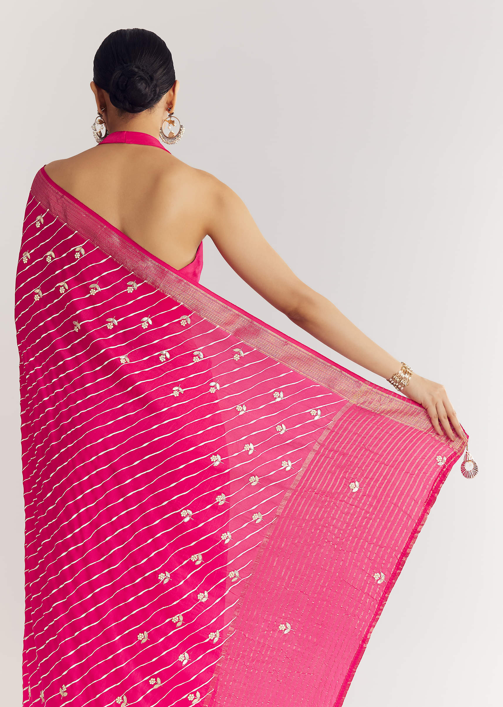 Rani Pink Leheriya Print With Floral Gotapatti And Moti Embroidery. - Image 6