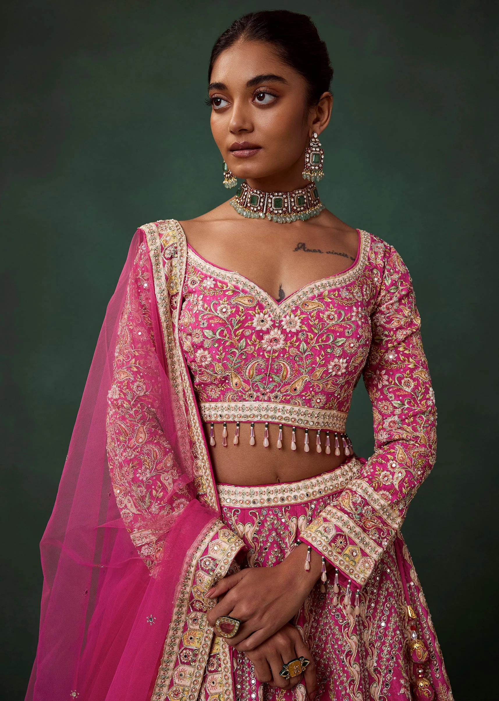 Rani Pink Printed Kali Bridal Lehenga Set with Cutdana and Zari Work - Image 3