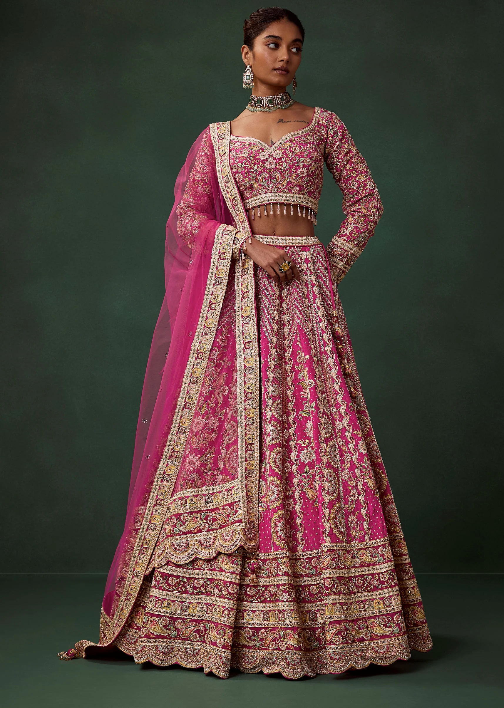 Rani Pink Printed Kali Bridal Lehenga Set with Cutdana and Zari Work - Image 4