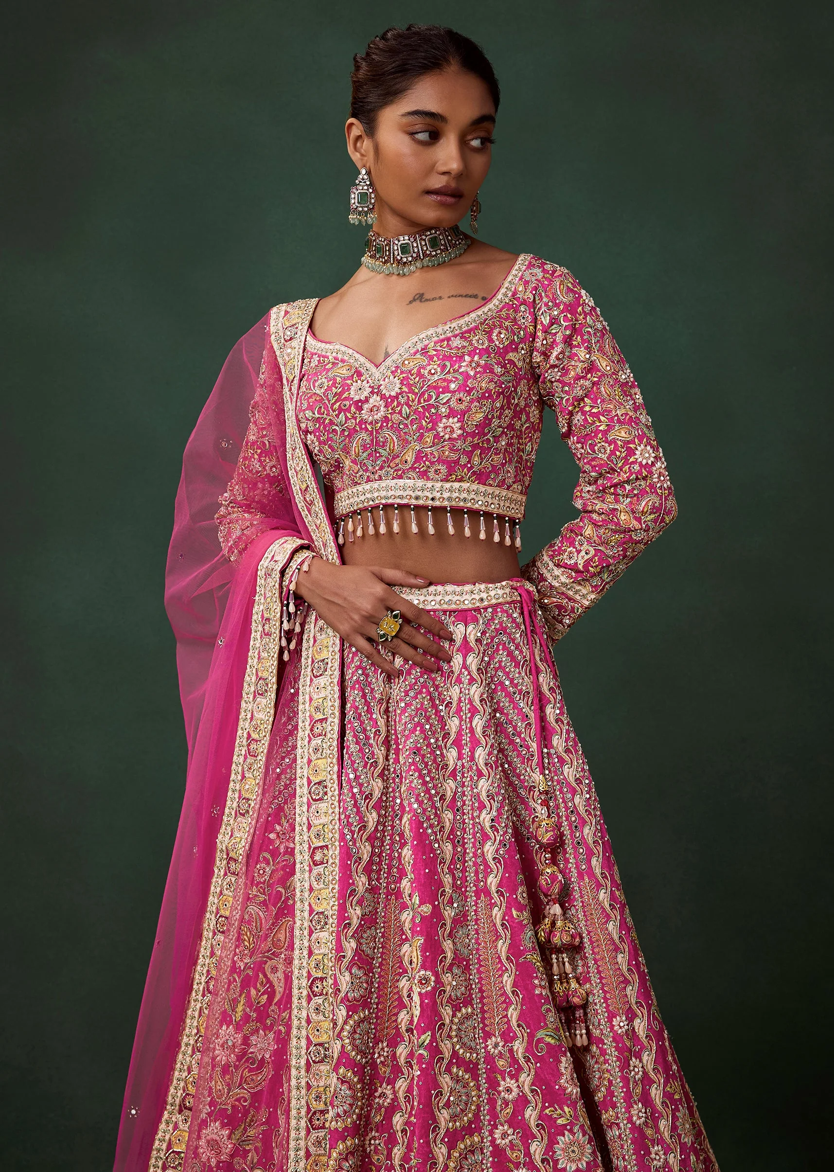 Rani Pink Printed Kali Bridal Lehenga Set with Cutdana and Zari Work - Image 5