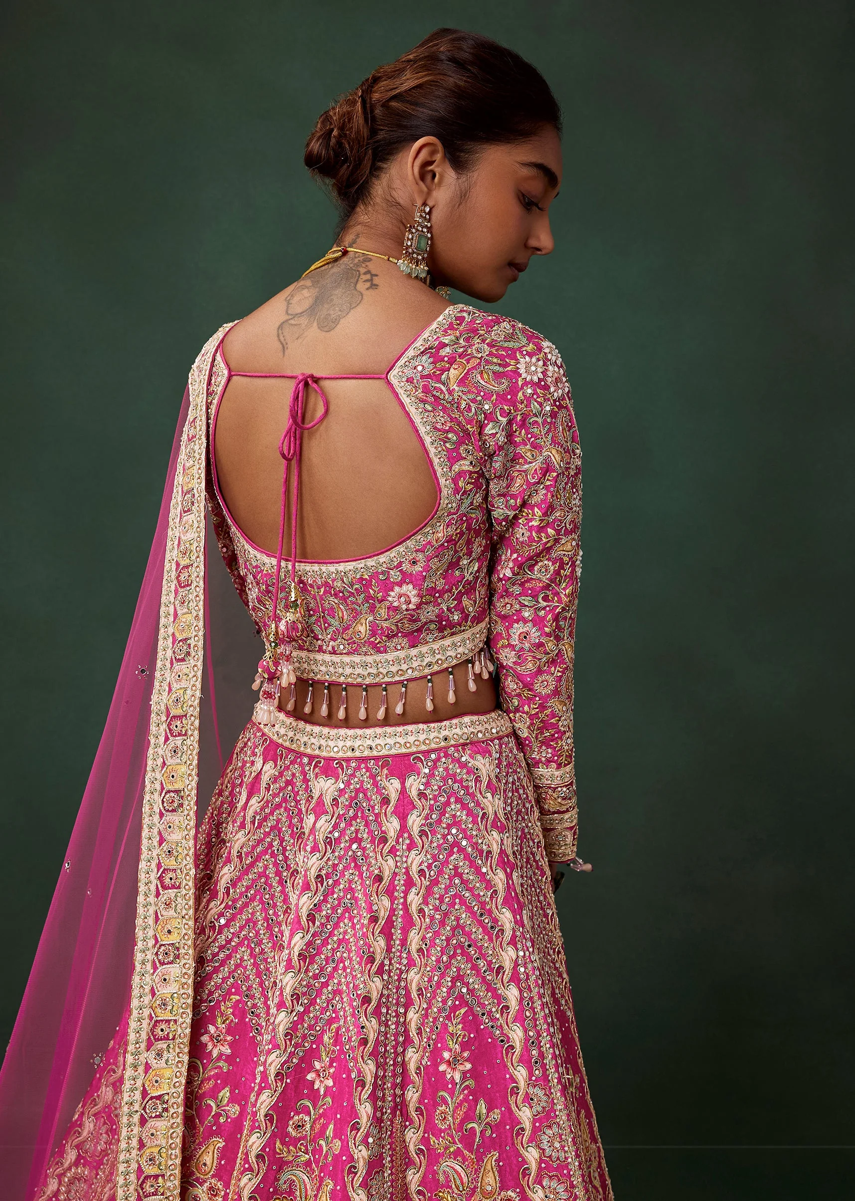 Rani Pink Printed Kali Bridal Lehenga Set with Cutdana and Zari Work - Image 6