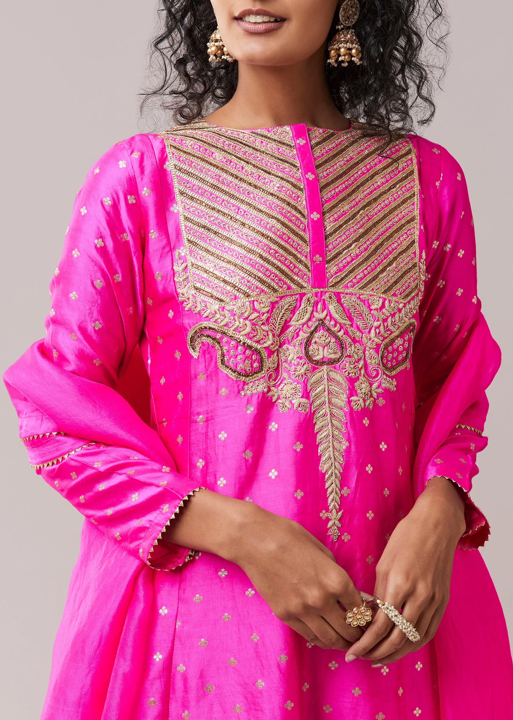 Rani Pink Pure Chiniya Silk Gota Work Anarkali Set - Image 2