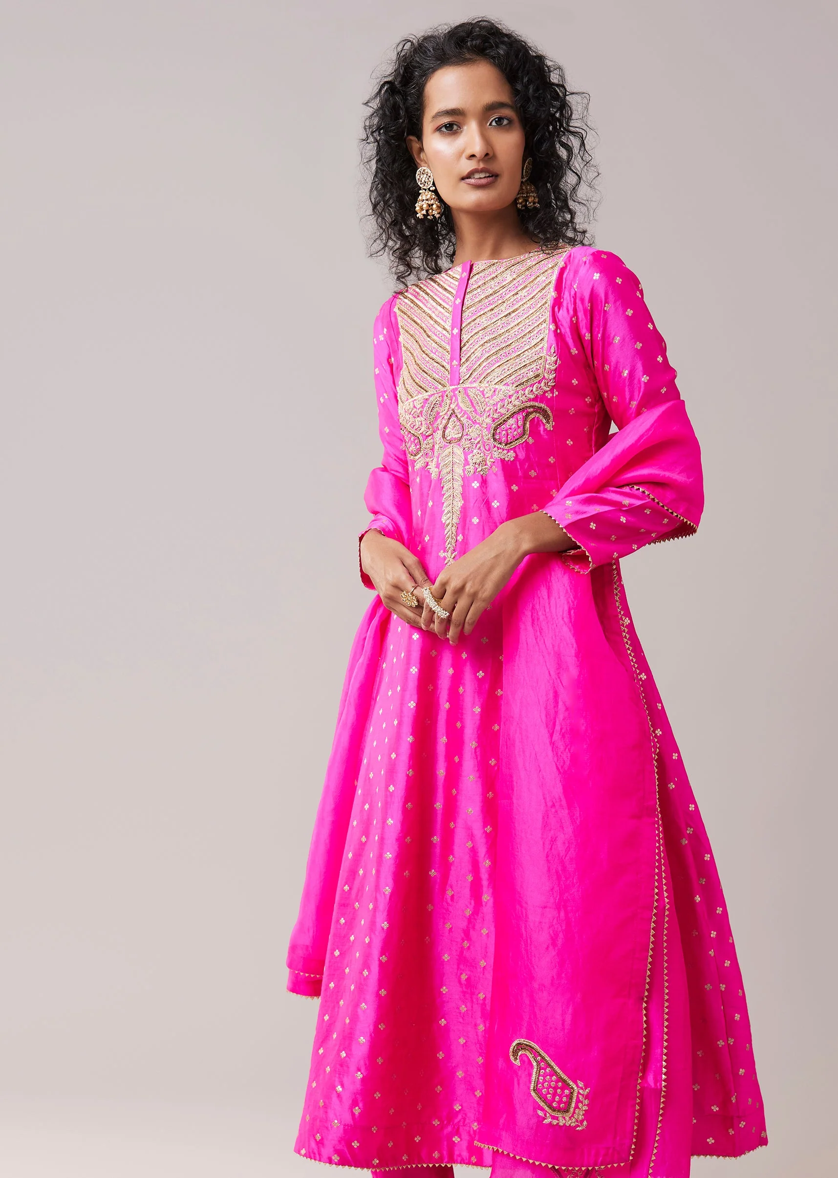 Rani Pink Pure Chiniya Silk Gota Work Anarkali Set - Image 4