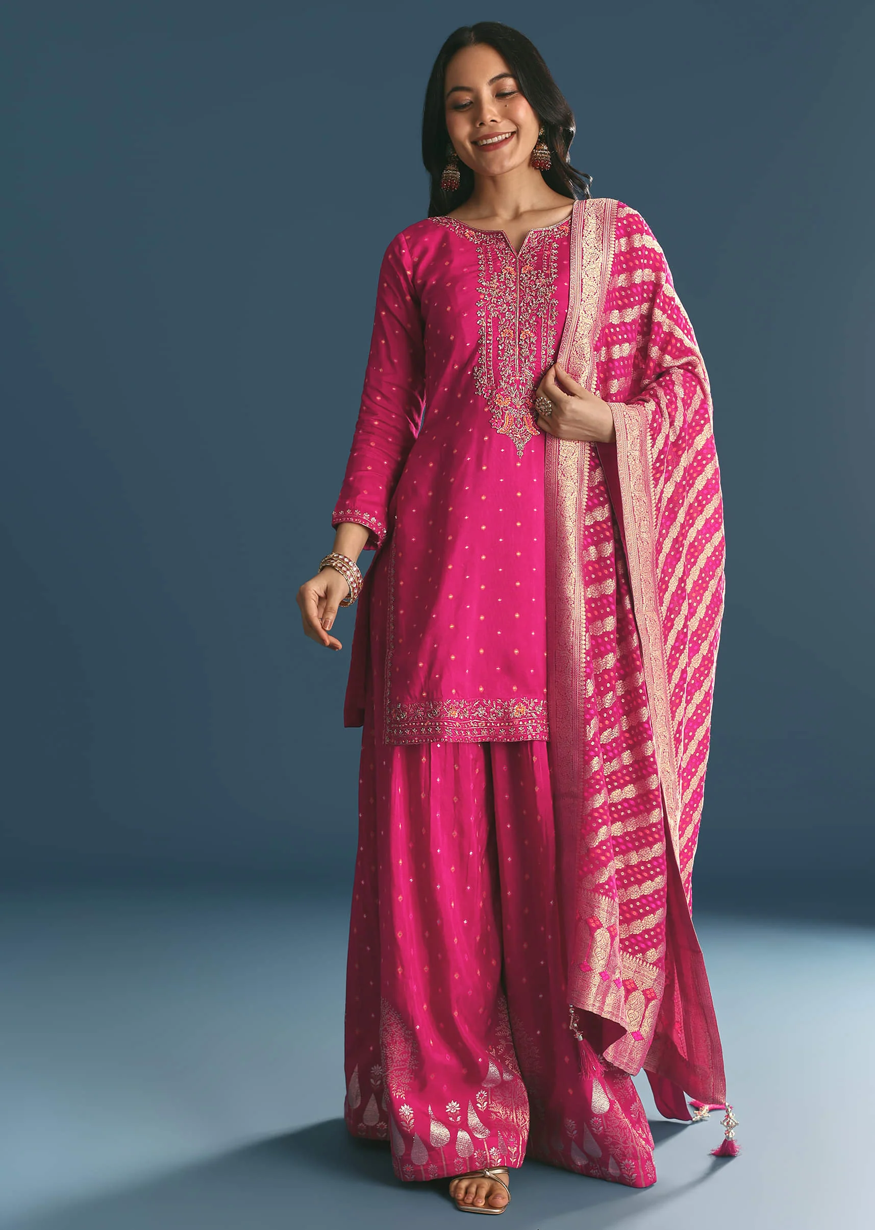 Rani Pink Russian Silk Kurta Palazzo With Banarasi Dupatta - Image 3