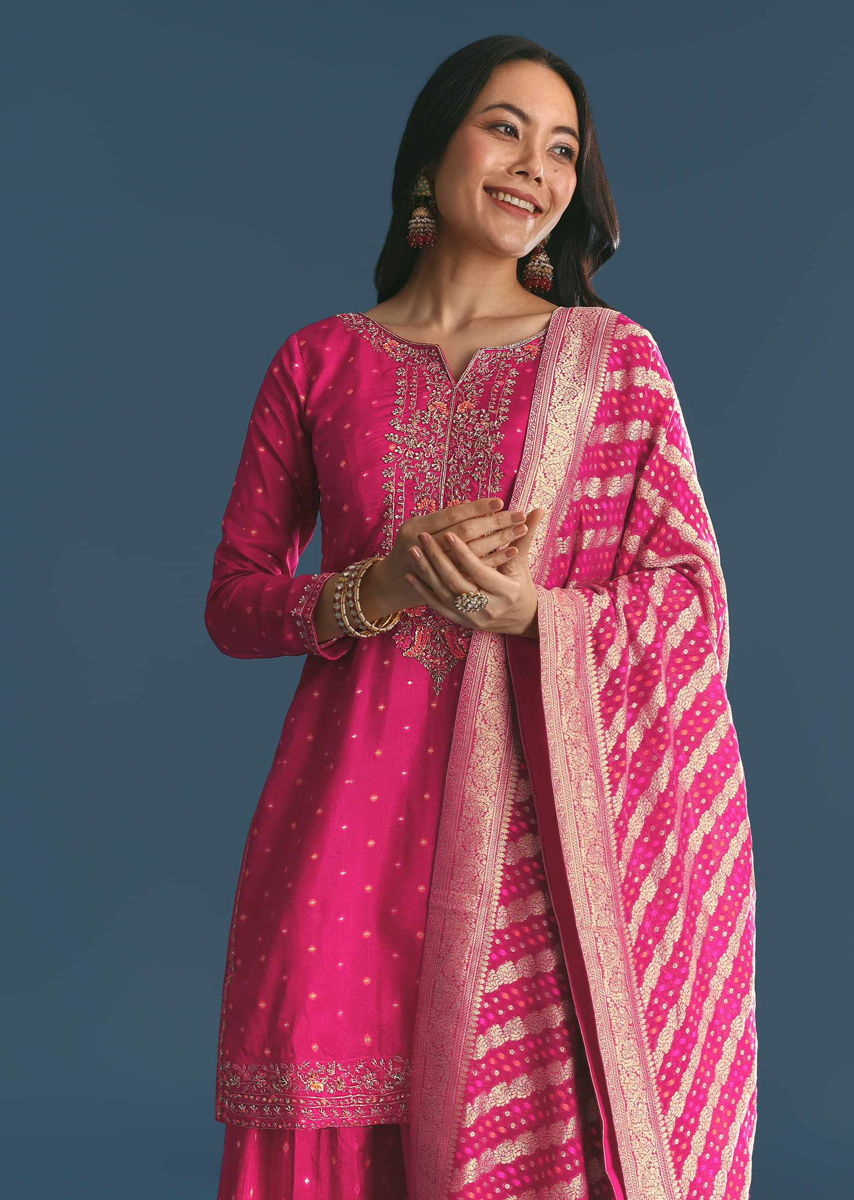 Rani Pink Russian Silk Kurta Palazzo With Banarasi Dupatta - Image 4
