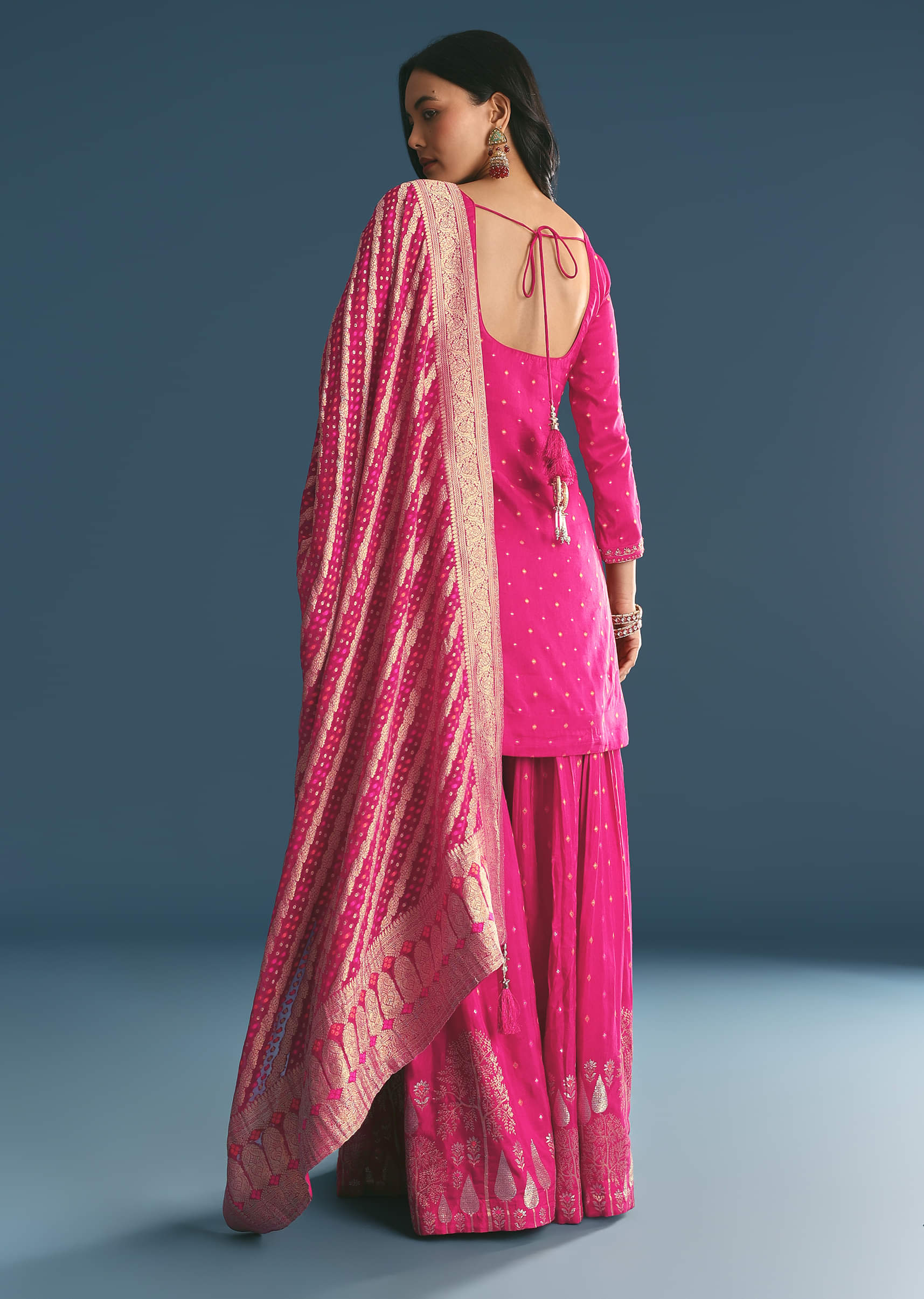 Rani Pink Russian Silk Kurta Palazzo With Banarasi Dupatta - Image 5
