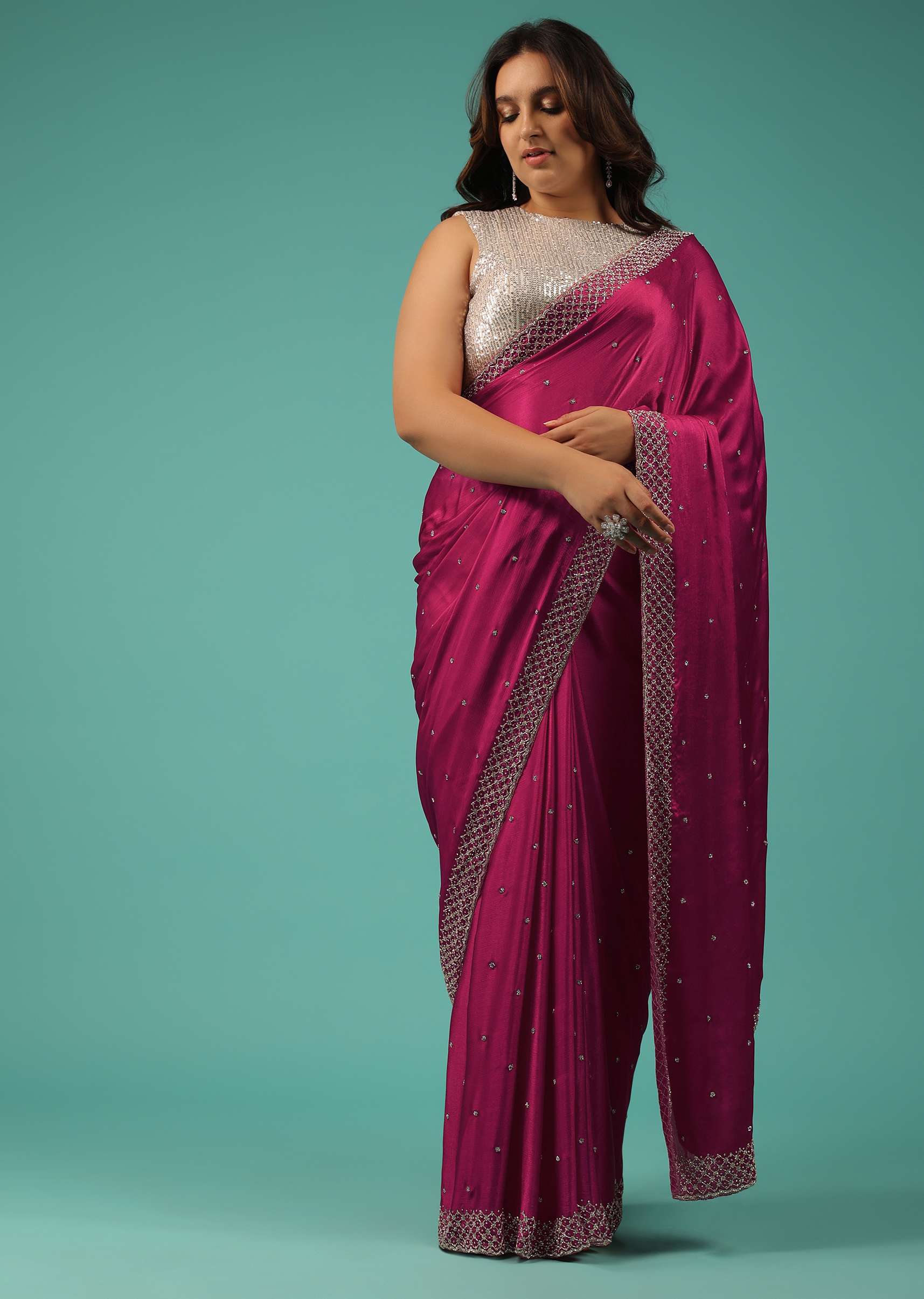 Rani Pink Saree In Chiffon With Cut Dana And Stones Embroidery - Image 5