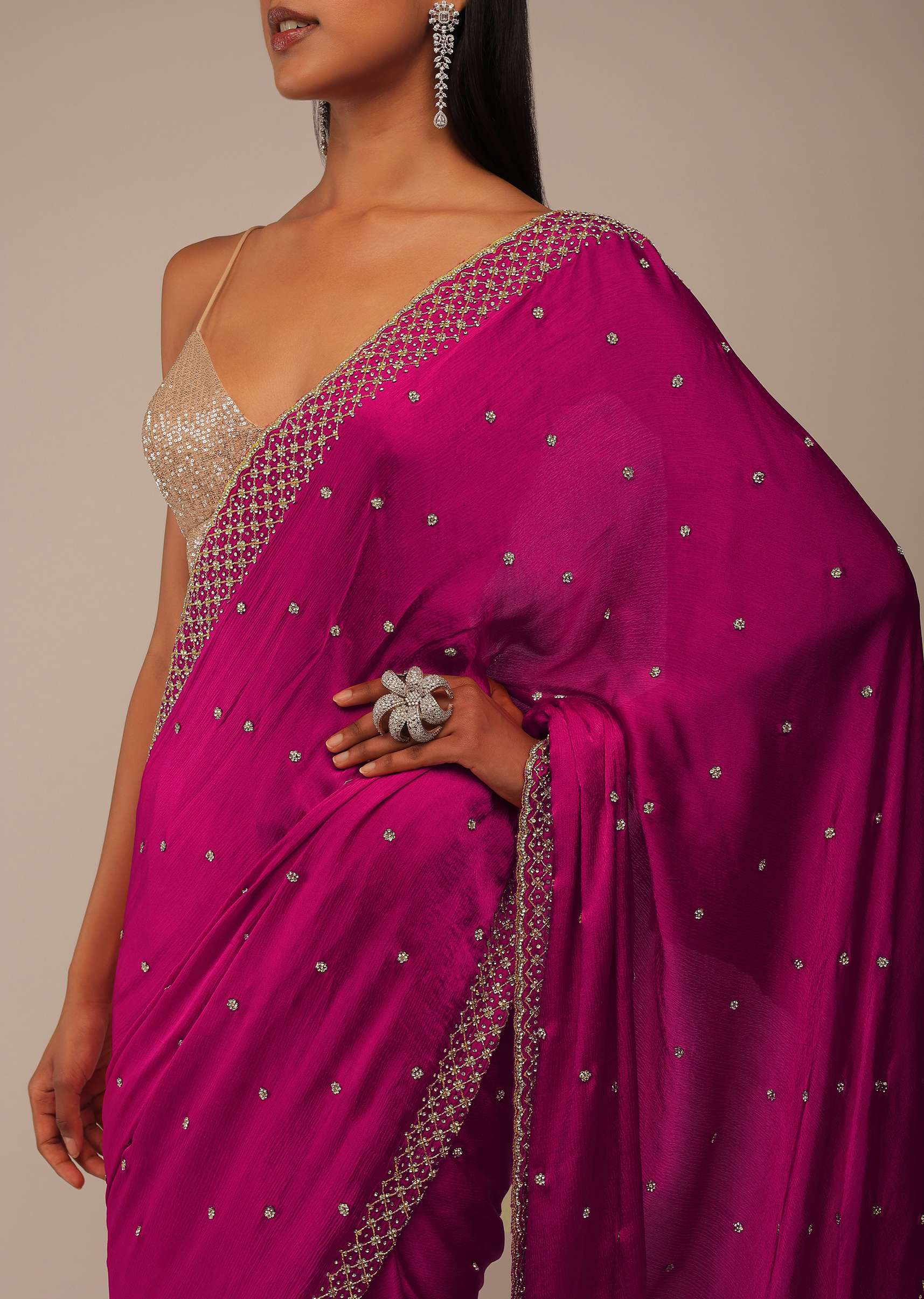 Rani Pink Saree In Stones And Cut Dana Embroidery - Image 5