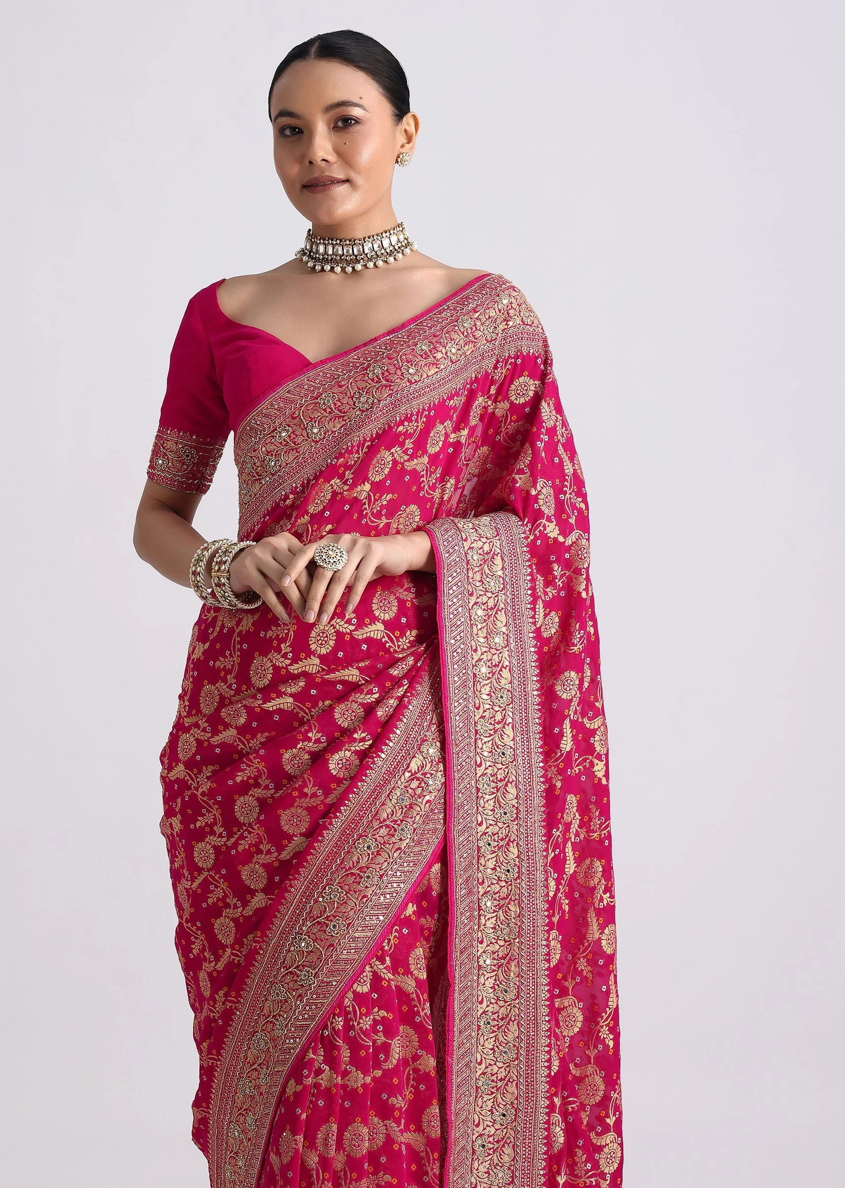 Rani Pink Saree With Bandhani Jaal And Cutdana Work - Image 2
