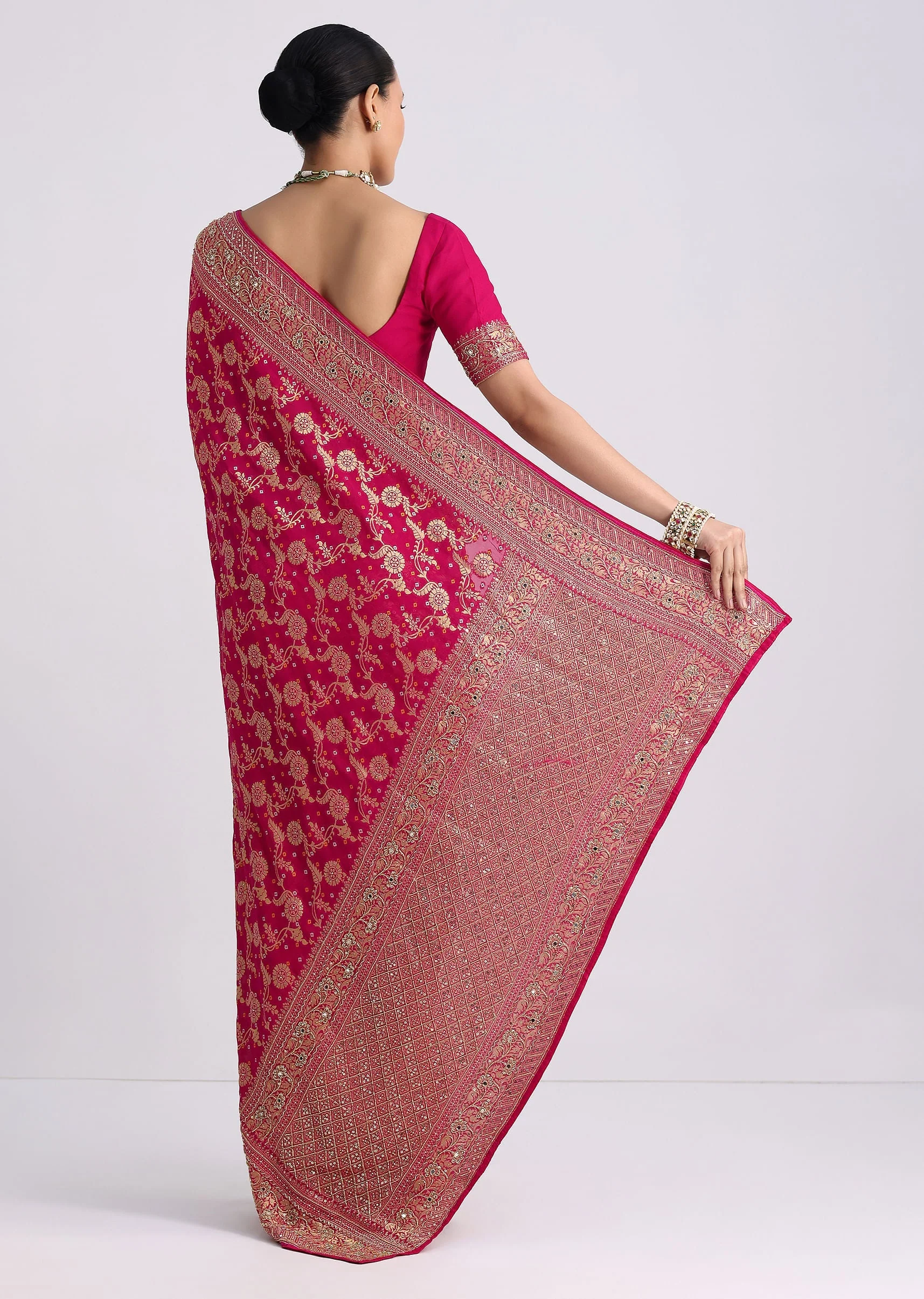 Rani Pink Saree With Bandhani Jaal And Cutdana Work - Image 4
