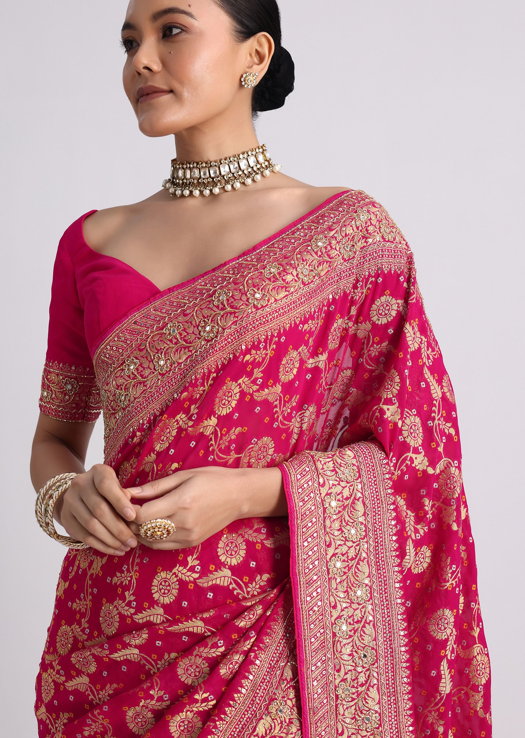 Rani Pink Saree With Bandhani Jaal And Cutdana Work - Image 5