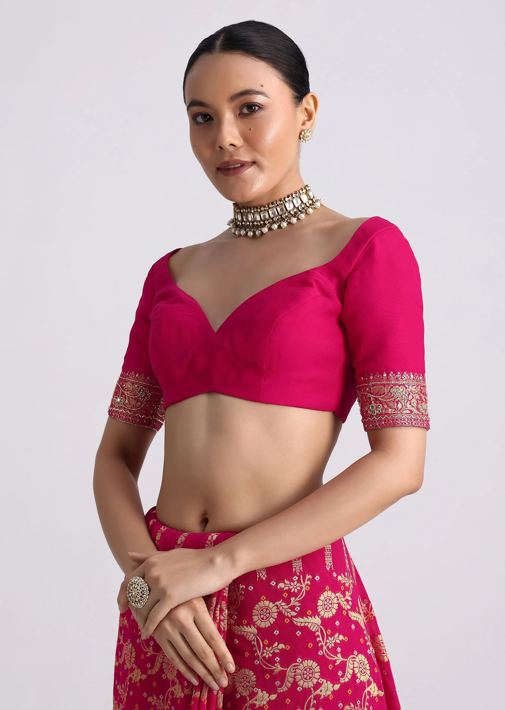 Rani Pink Saree With Bandhani Jaal And Cutdana Work - Image 7