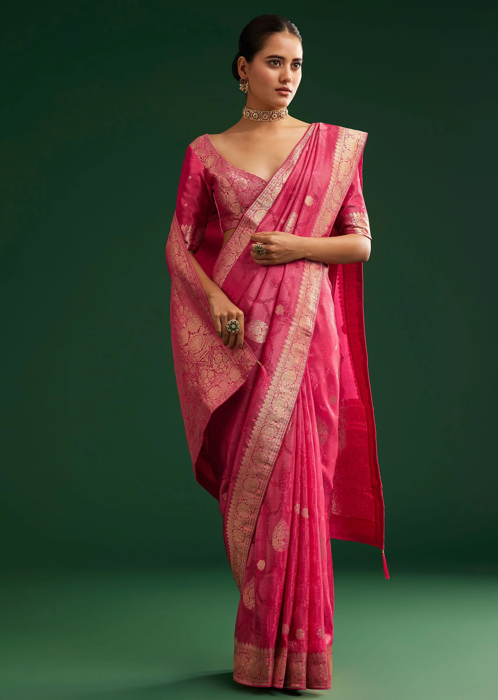 Rani Pink Saree With Woven Zari Motif And Embroidered Blouse