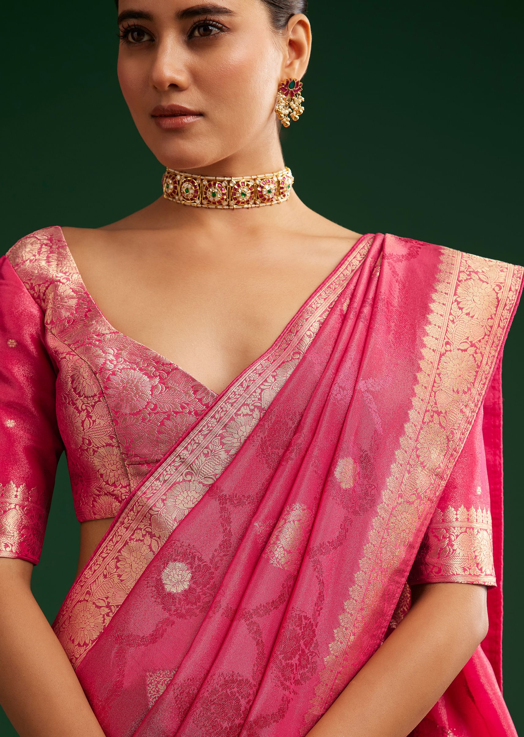 Rani Pink Saree With Woven Zari Motif And Embroidered Blouse - Image 2
