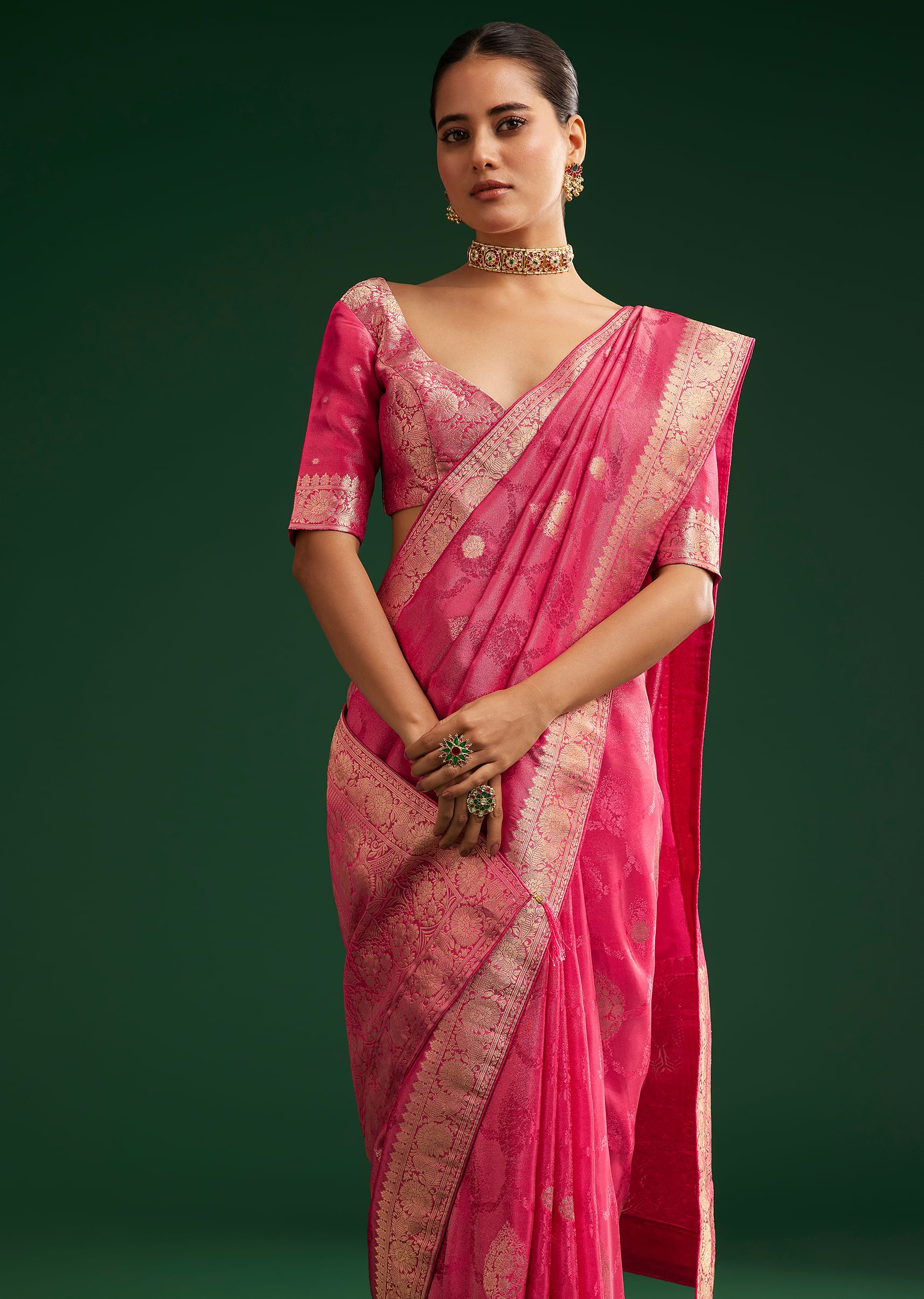Rani Pink Saree With Woven Zari Motif And Embroidered Blouse - Image 5