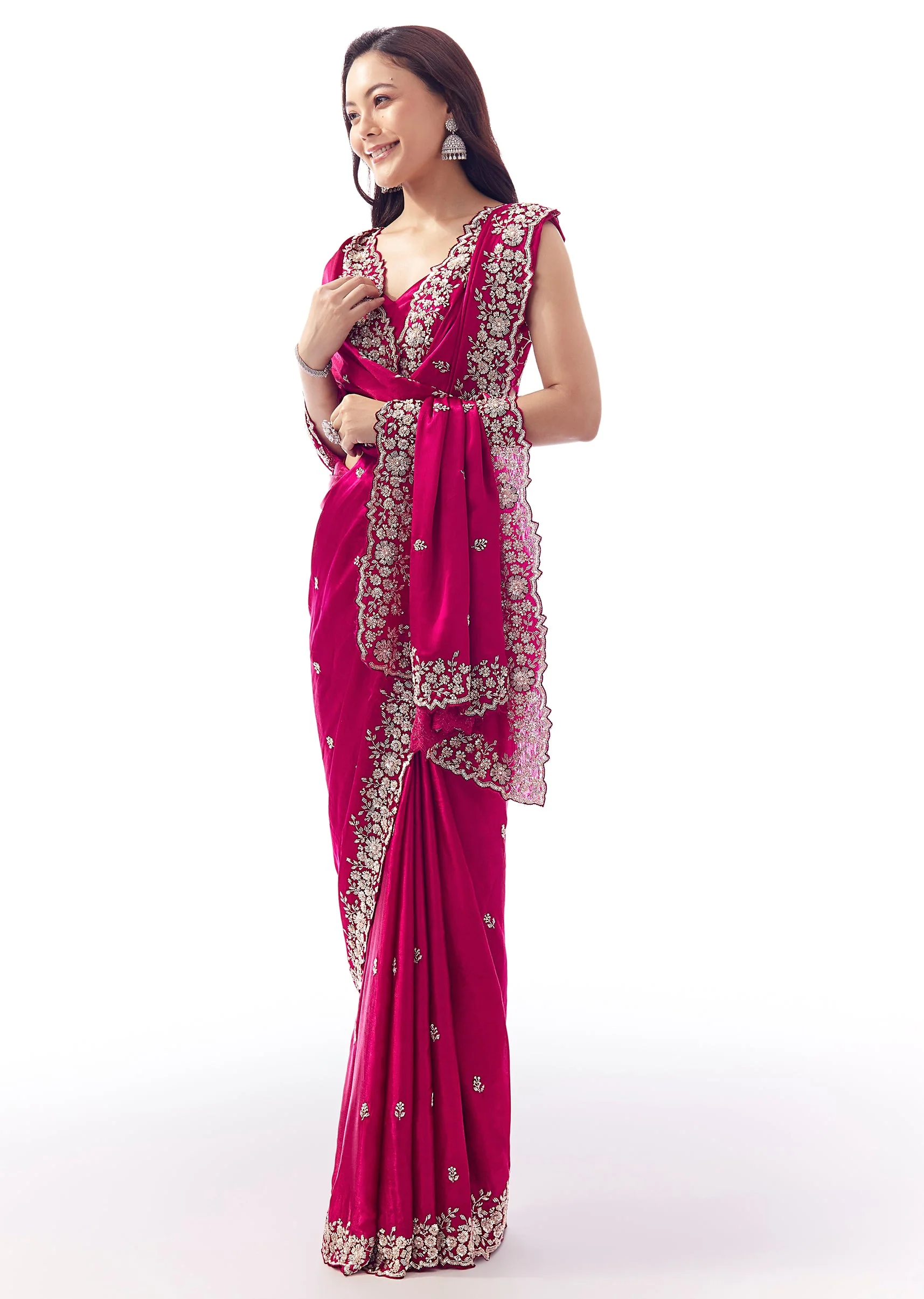 Rani Pink Satin Chinon Saree With Cutwork Floral Embroidered Border