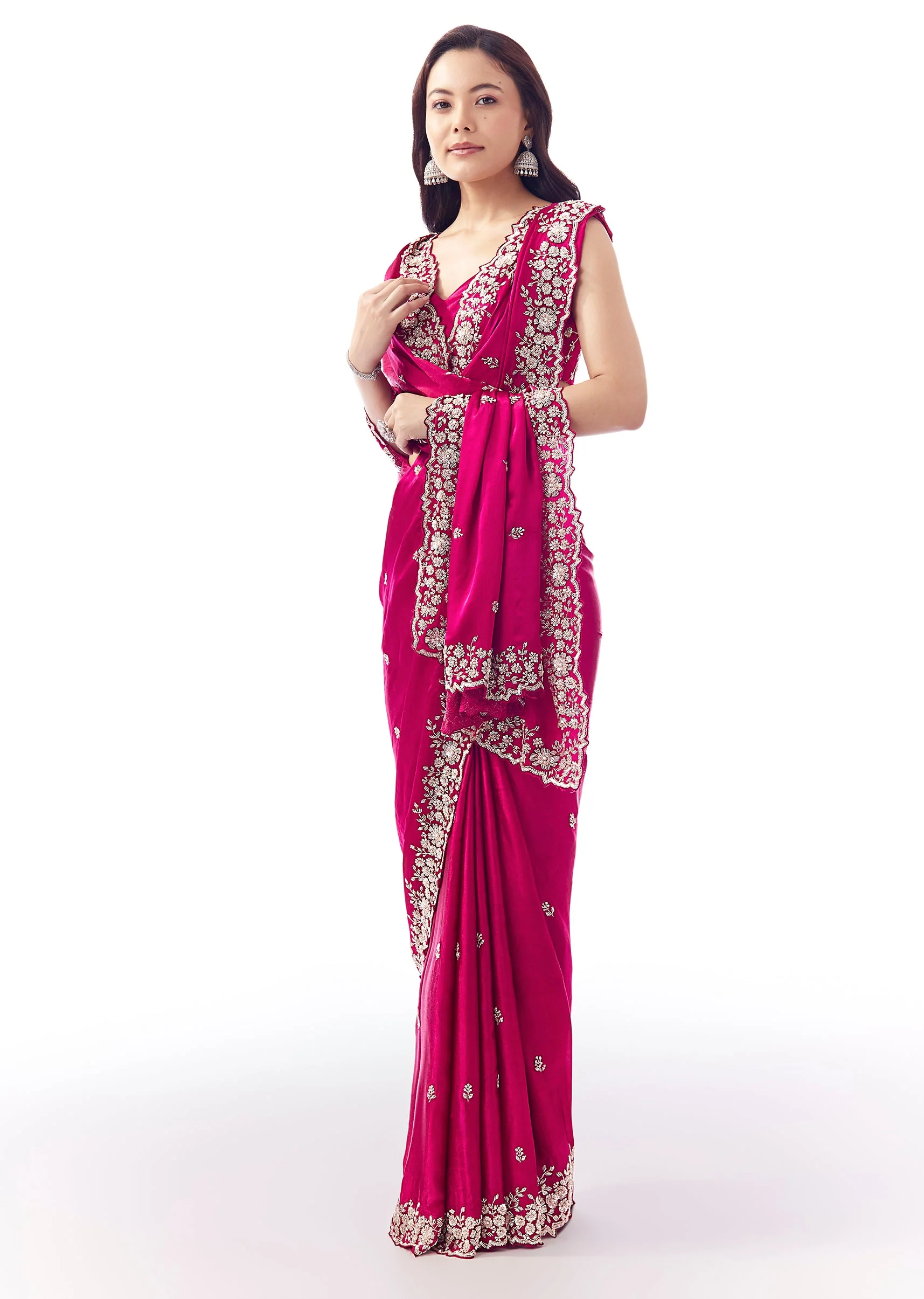 Rani Pink Satin Chinon Saree With Cutwork Floral Embroidered Border - Image 3