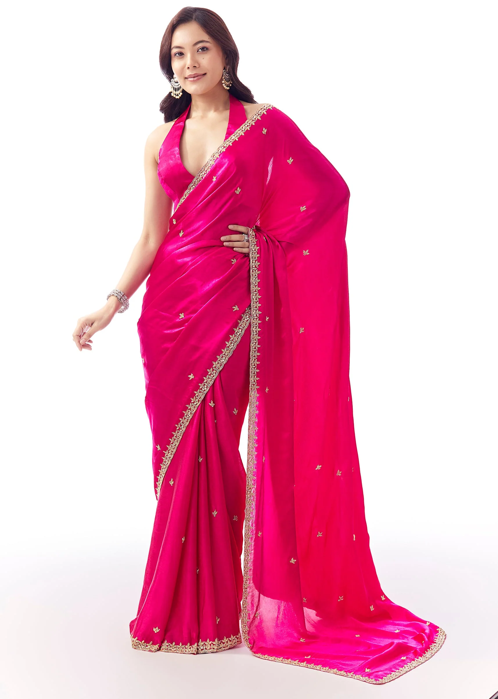 Rani Pink Satin Chinon Saree With Hand Embroidered Cutdana And Stone Border