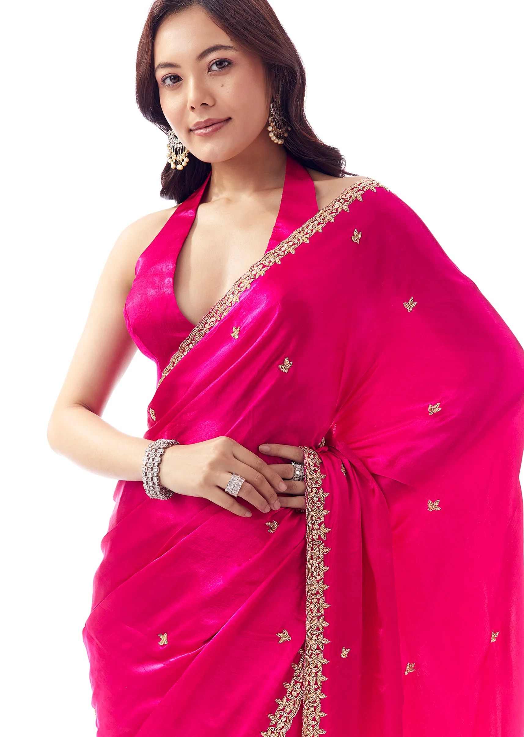 Rani Pink Satin Chinon Saree With Hand Embroidered Cutdana And Stone Border - Image 2