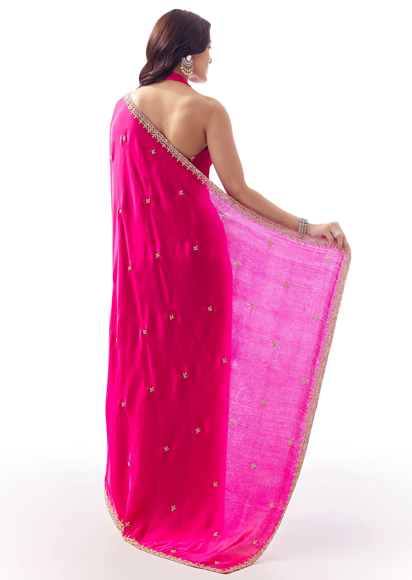 Rani Pink Satin Chinon Saree With Hand Embroidered Cutdana And Stone Border - Image 4