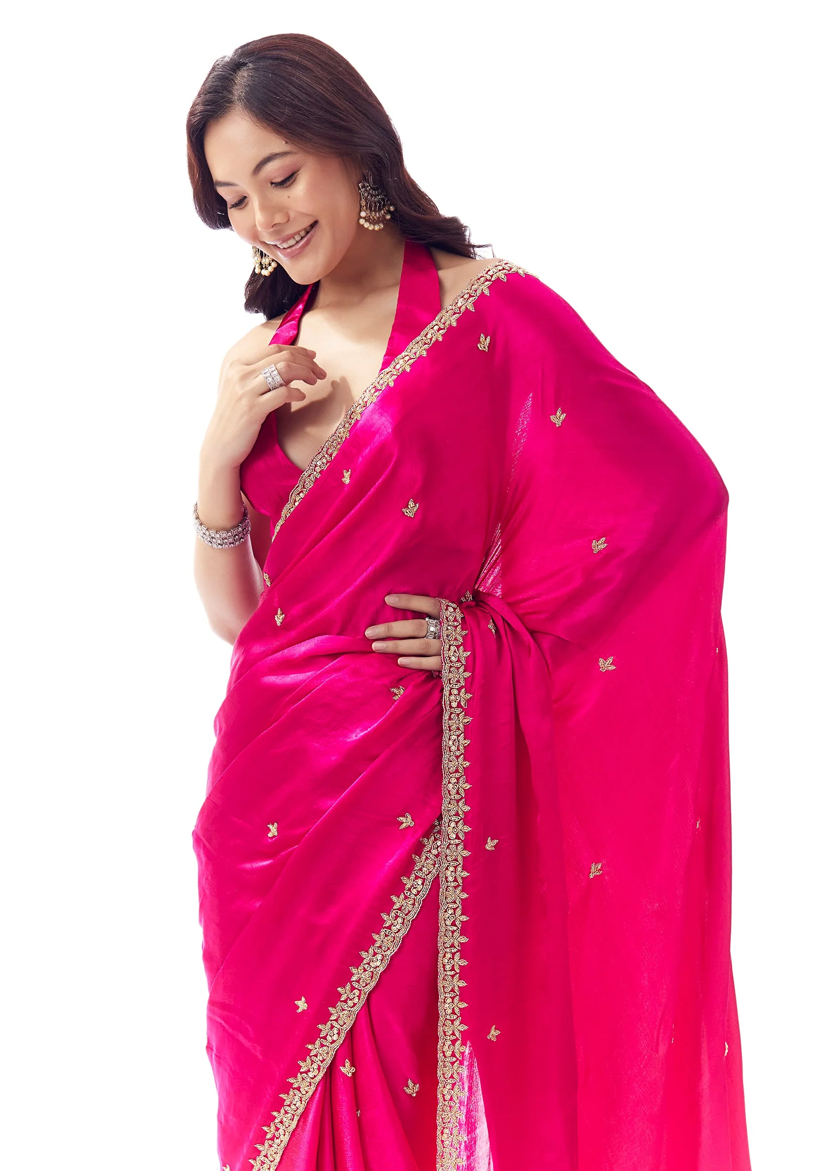 Rani Pink Satin Chinon Saree With Hand Embroidered Cutdana And Stone Border - Image 5