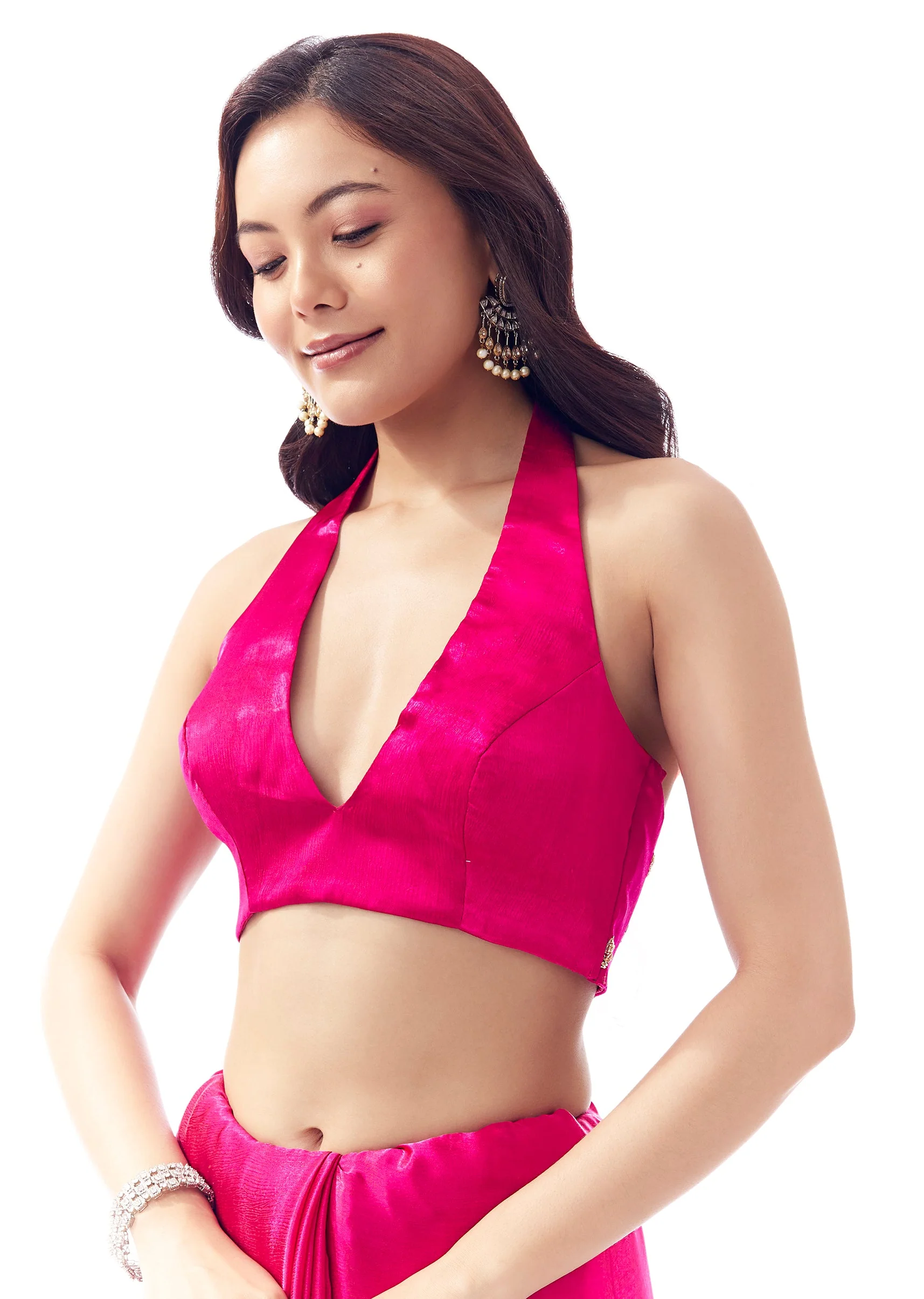 Rani Pink Satin Chinon Saree With Hand Embroidered Cutdana And Stone Border - Image 7