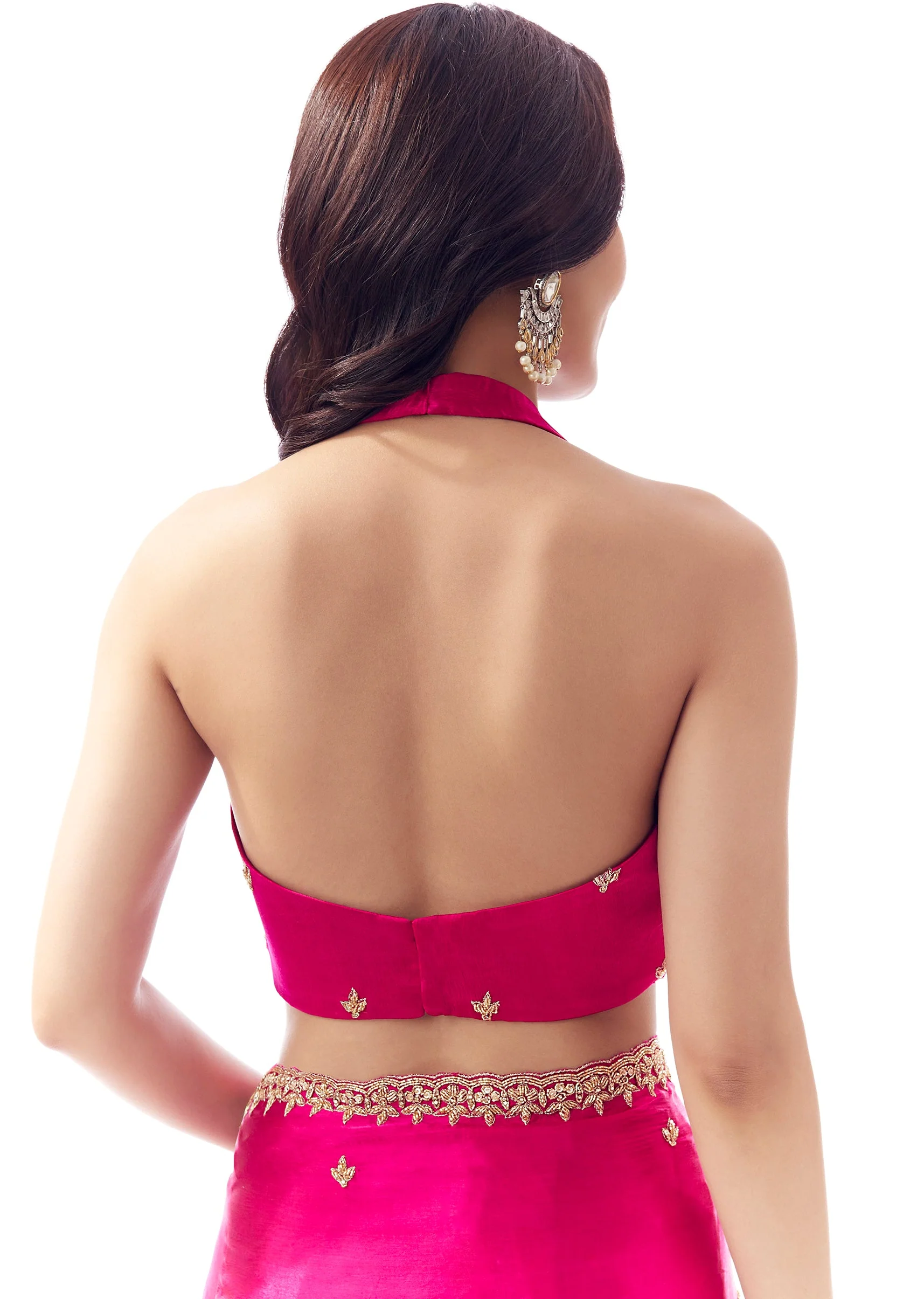 Rani Pink Satin Chinon Saree With Hand Embroidered Cutdana And Stone Border - Image 8