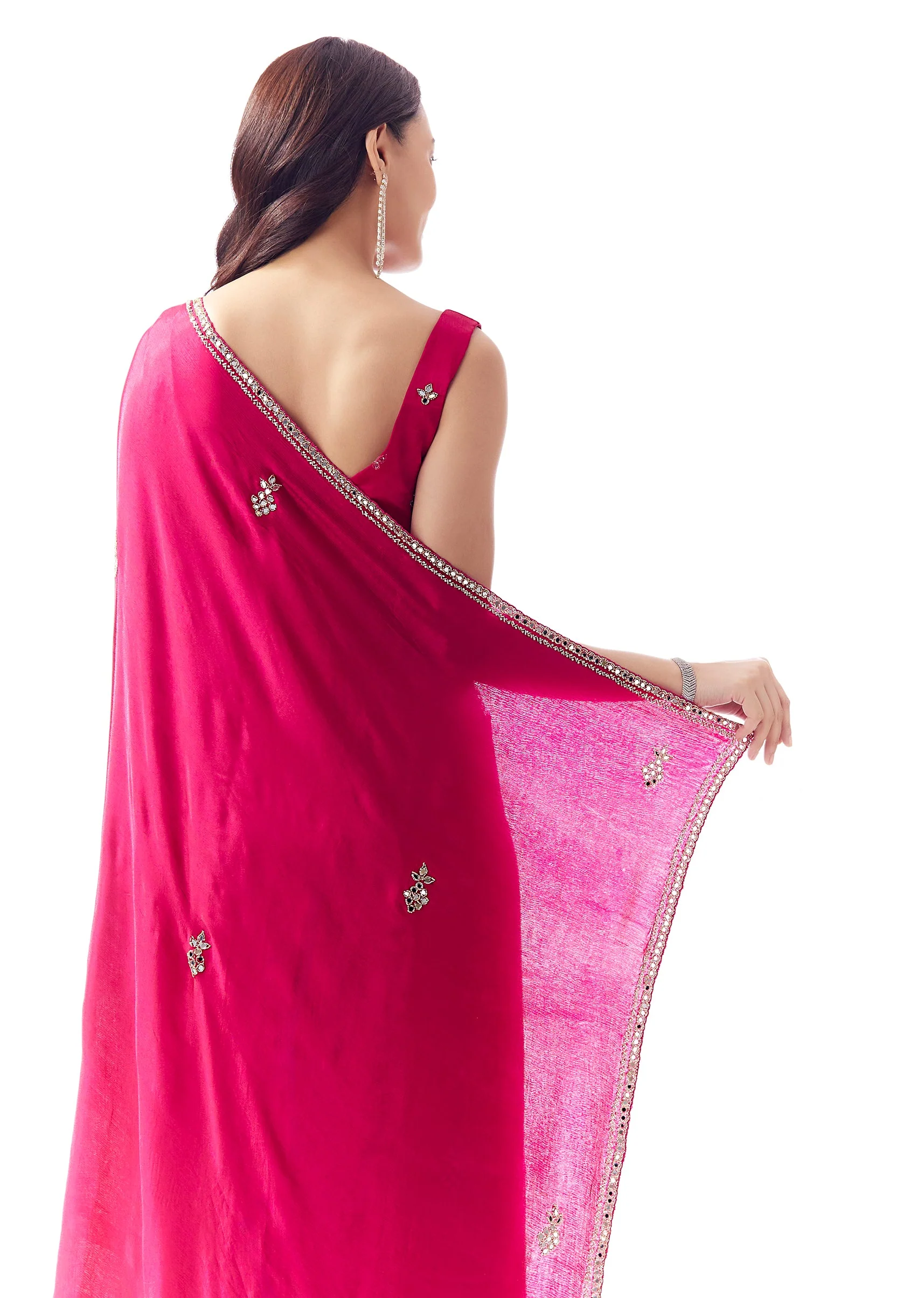 Rani Pink Satin Chinon Saree With Mirror And Bead Embroidered Border - Image 6