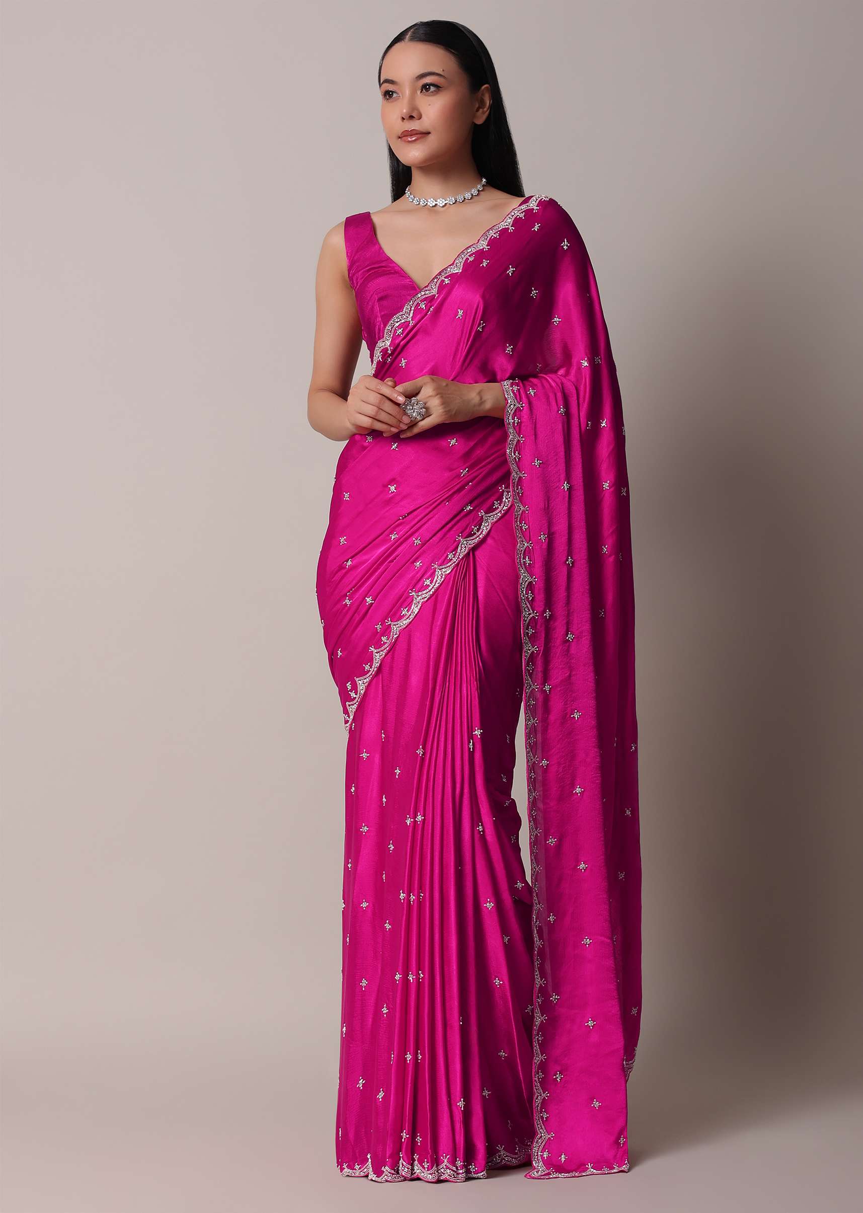 Rani Pink Satin Chinon Saree With Scallop Border And Unstitched Blouse Piece - Image 3