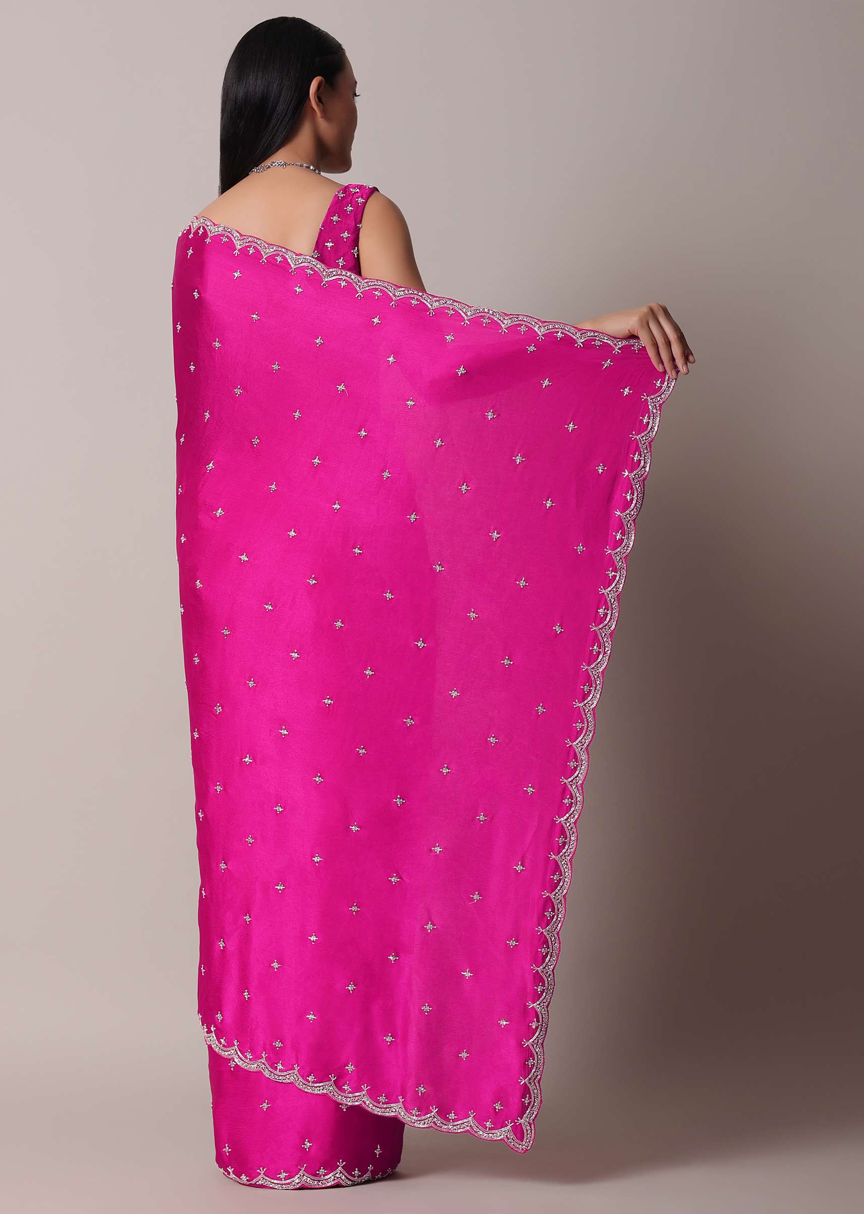 Rani Pink Satin Chinon Saree With Scallop Border And Unstitched Blouse Piece - Image 4