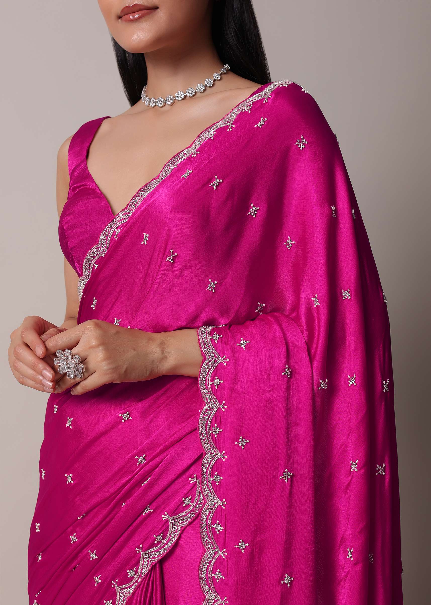Rani Pink Satin Chinon Saree With Scallop Border And Unstitched Blouse Piece - Image 5