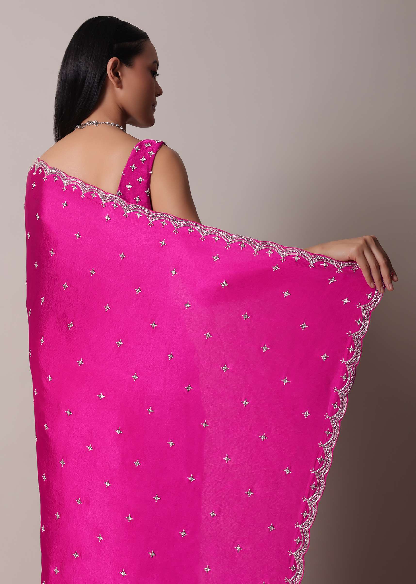 Rani Pink Satin Chinon Saree With Scallop Border And Unstitched Blouse Piece - Image 6