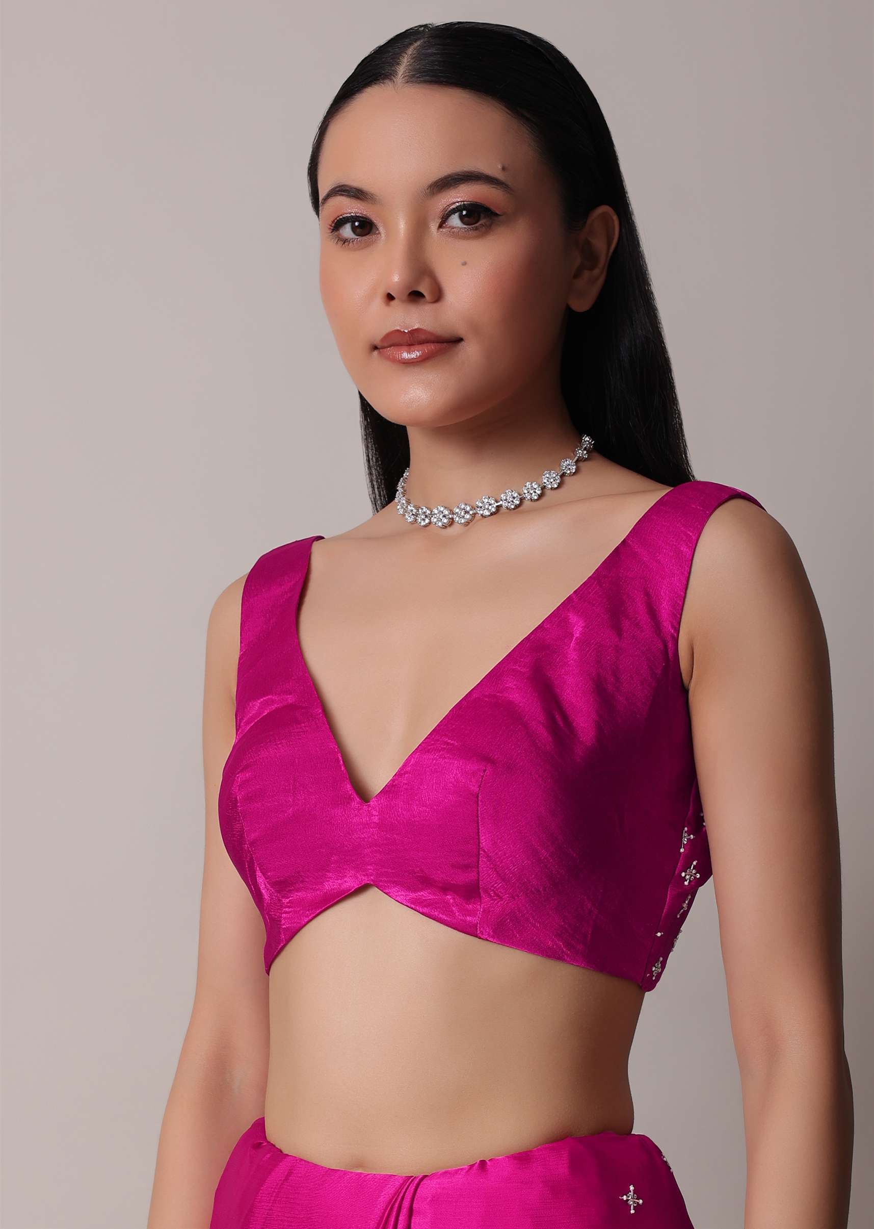 Rani Pink Satin Chinon Saree With Scallop Border And Unstitched Blouse Piece - Image 7