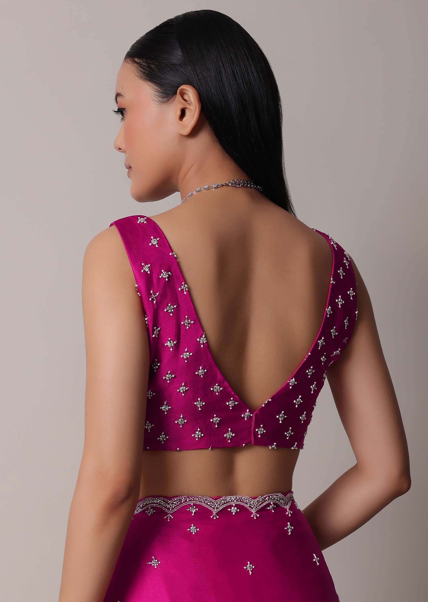 Rani Pink Satin Chinon Saree With Scallop Border And Unstitched Blouse Piece - Image 8