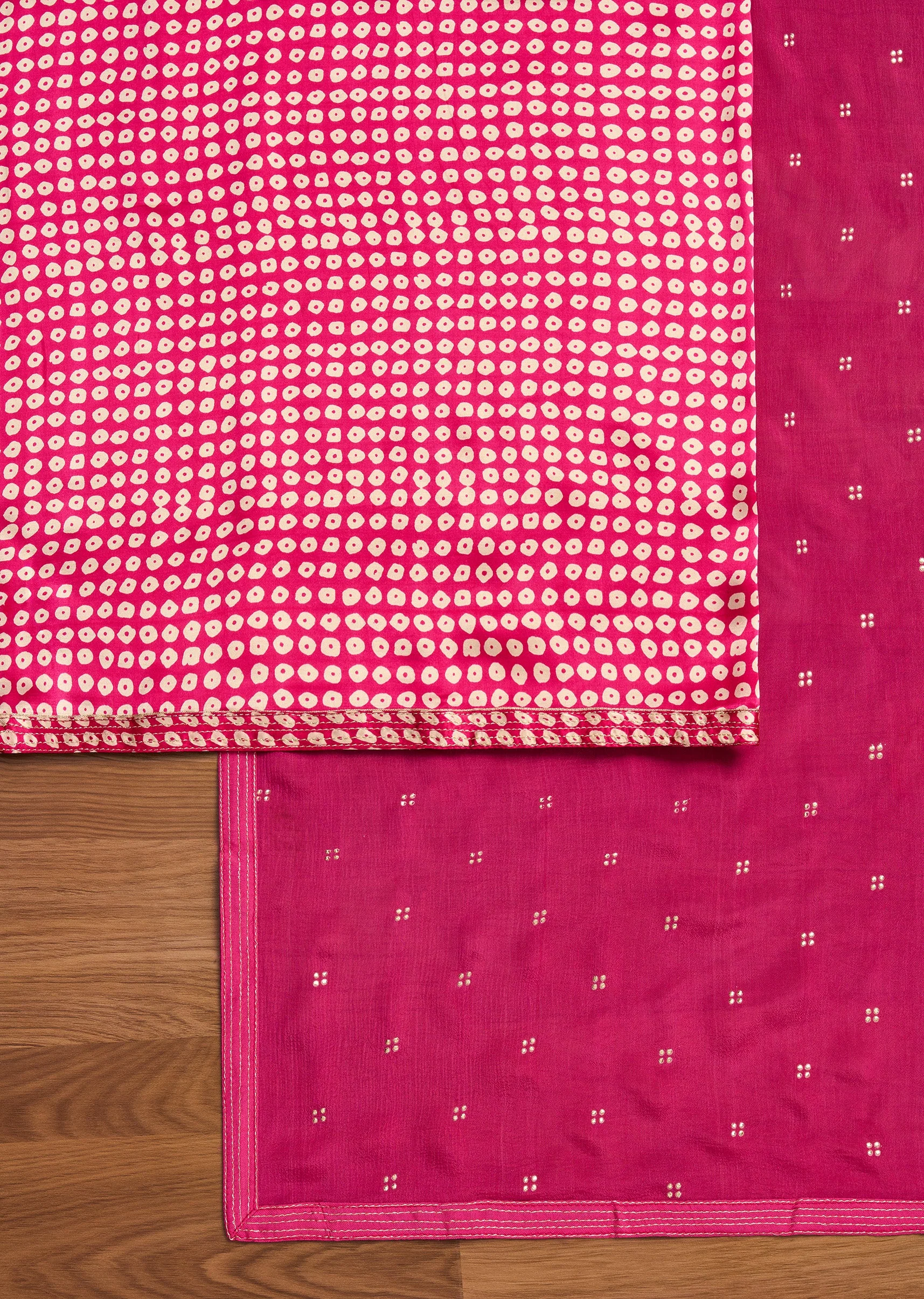 Rani Pink Satin Printed Unstitched Suit with Dupatta and Bottom Fabric - Image 3