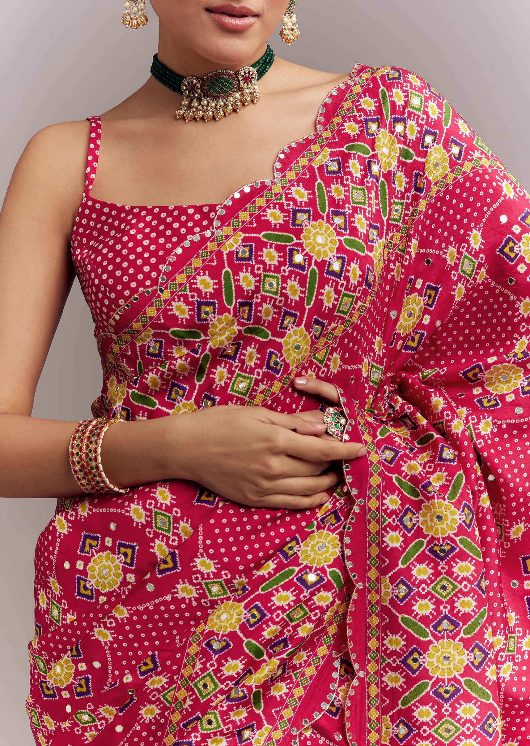 Rani Pink Satin Saree With Handwoven Ikat Print And Mirror Work - Image 2