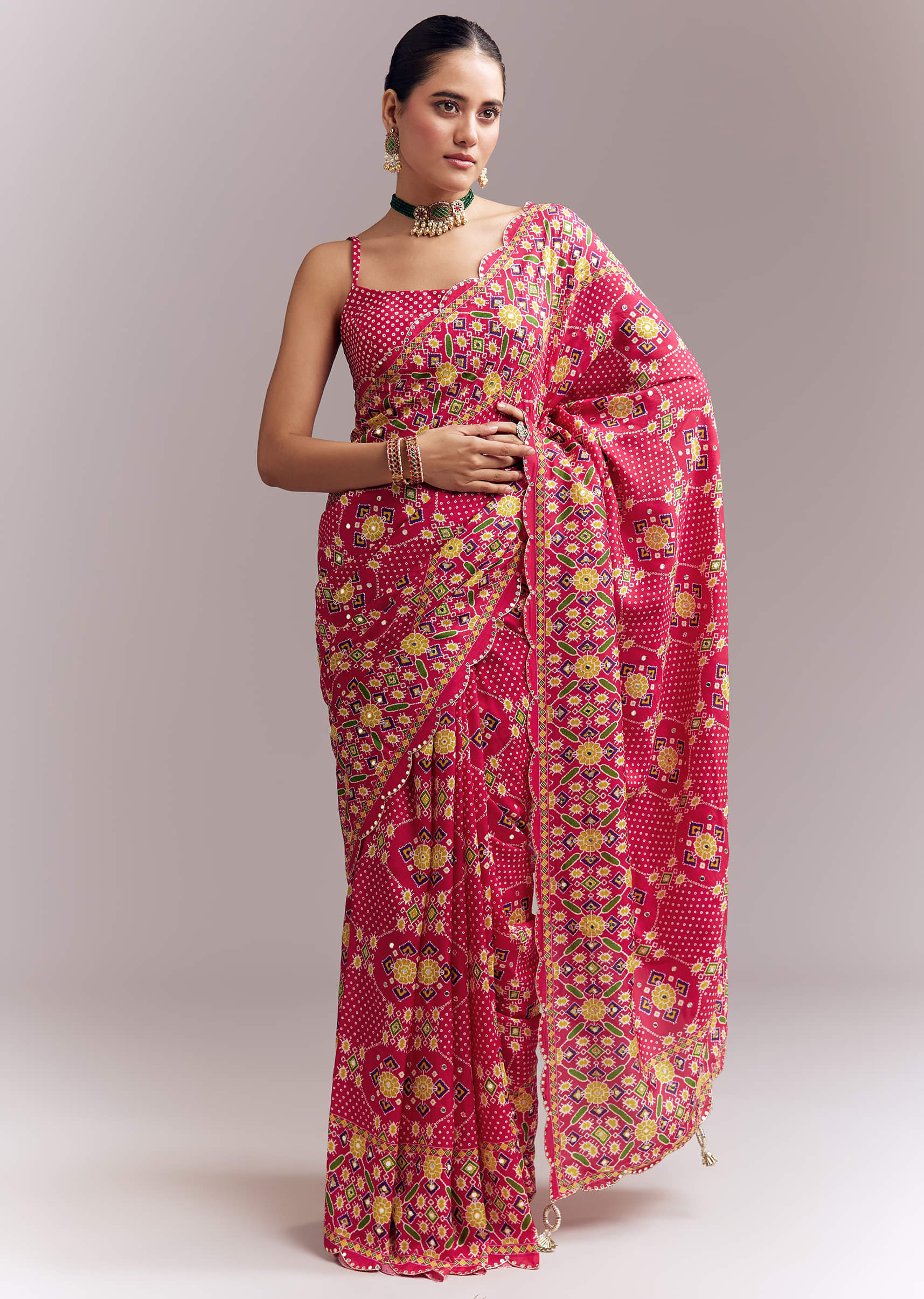 Rani Pink Satin Saree With Handwoven Ikat Print And Mirror Work - Image 3