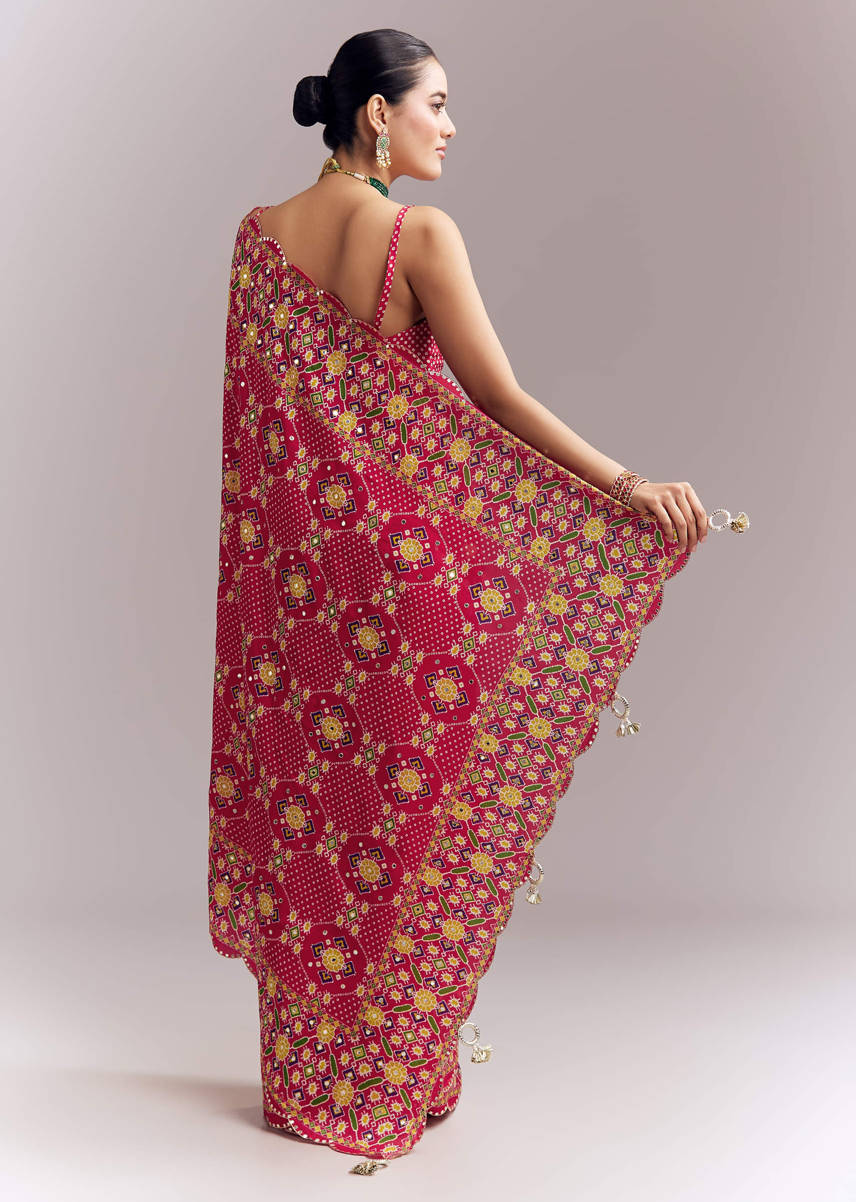 Rani Pink Satin Saree With Handwoven Ikat Print And Mirror Work - Image 4
