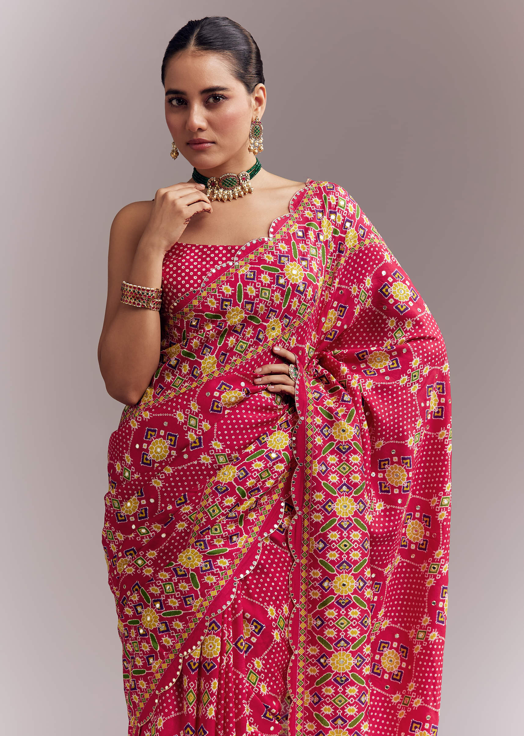 Rani Pink Satin Saree With Handwoven Ikat Print And Mirror Work - Image 5