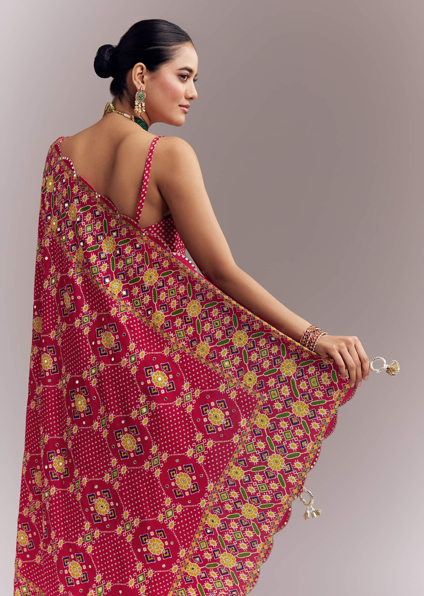 Rani Pink Satin Saree With Handwoven Ikat Print And Mirror Work - Image 6