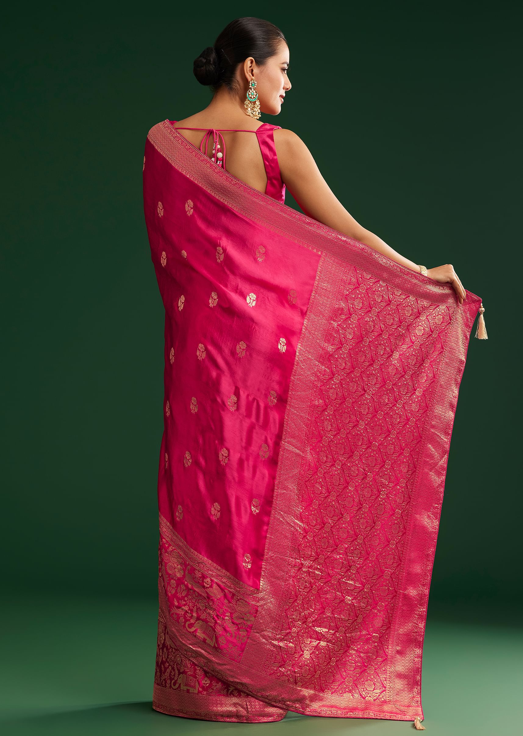 Rani Pink Satin Saree With Zari Woven Design - Image 6