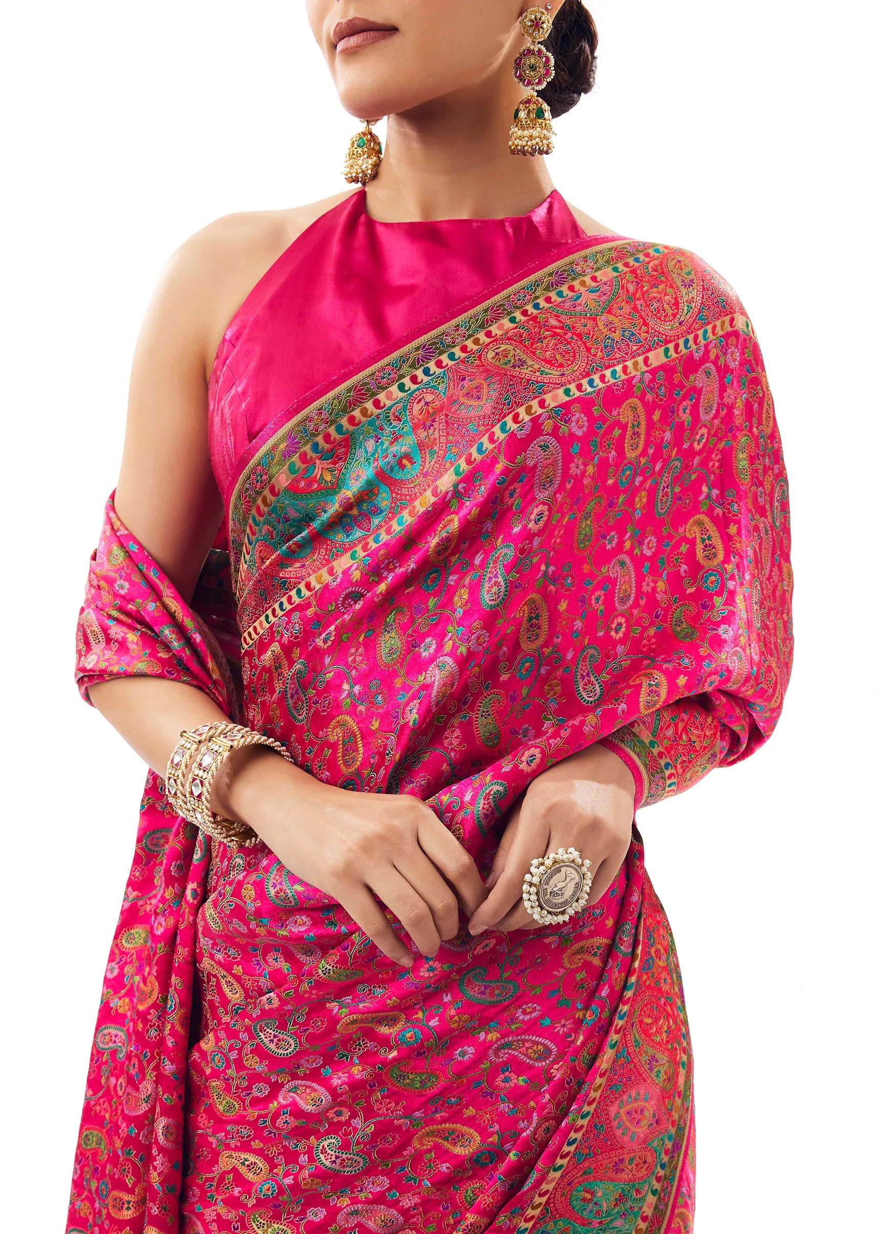 Rani Pink Satin Woven Saree With Multicolor Woven Motifs - Image 2