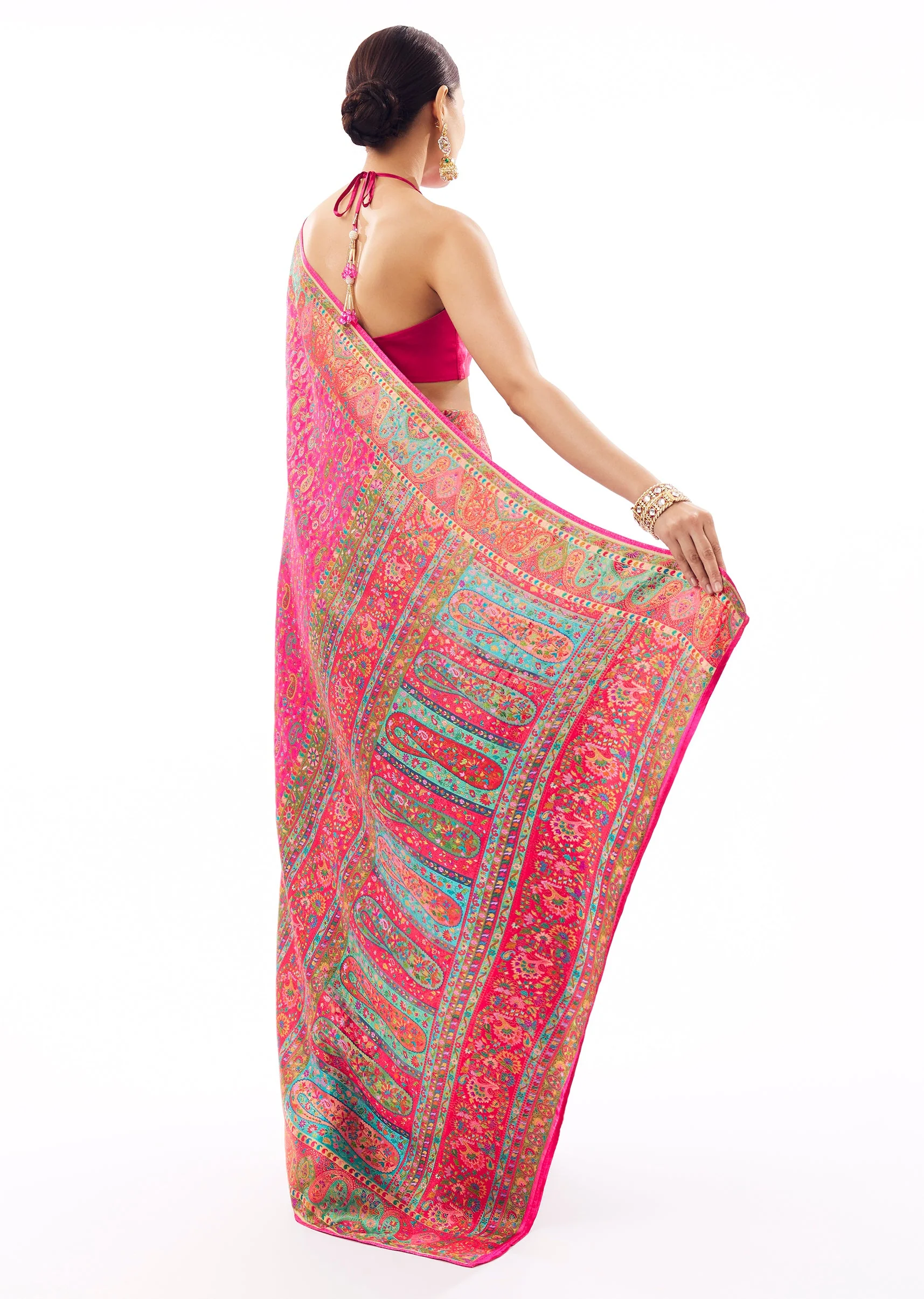 Rani Pink Satin Woven Saree With Multicolor Woven Motifs - Image 4