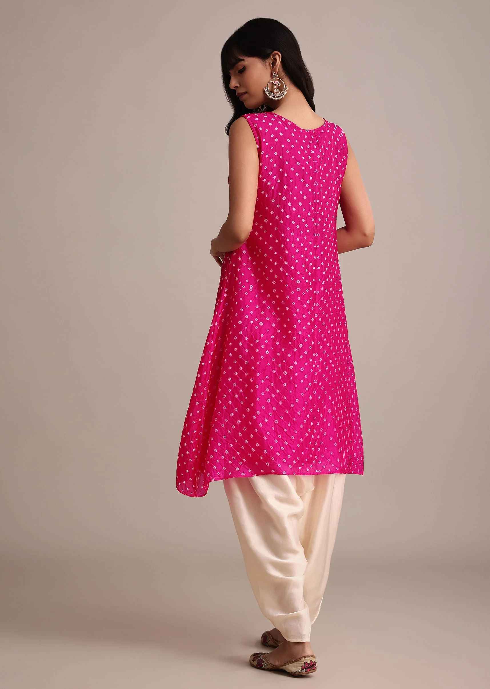 Rani Pink Silk Bandhani Print Kurta Dhoti Set - Image 5