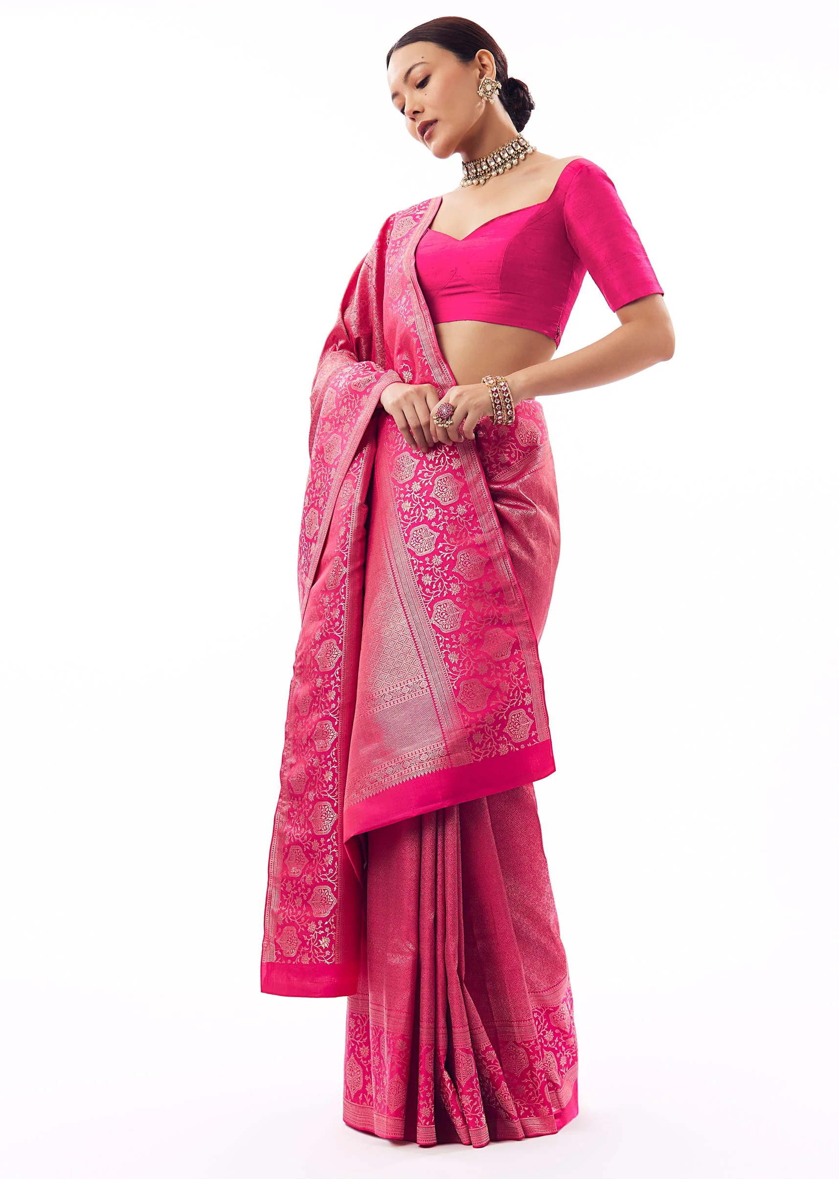 Rani Pink Silk Chanderi Zari Woven Saree And Floral Statement Border